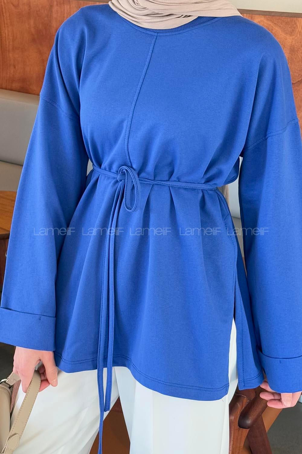 Lamelif Yırtmaç Detaylı Sweat Saks Mavisi