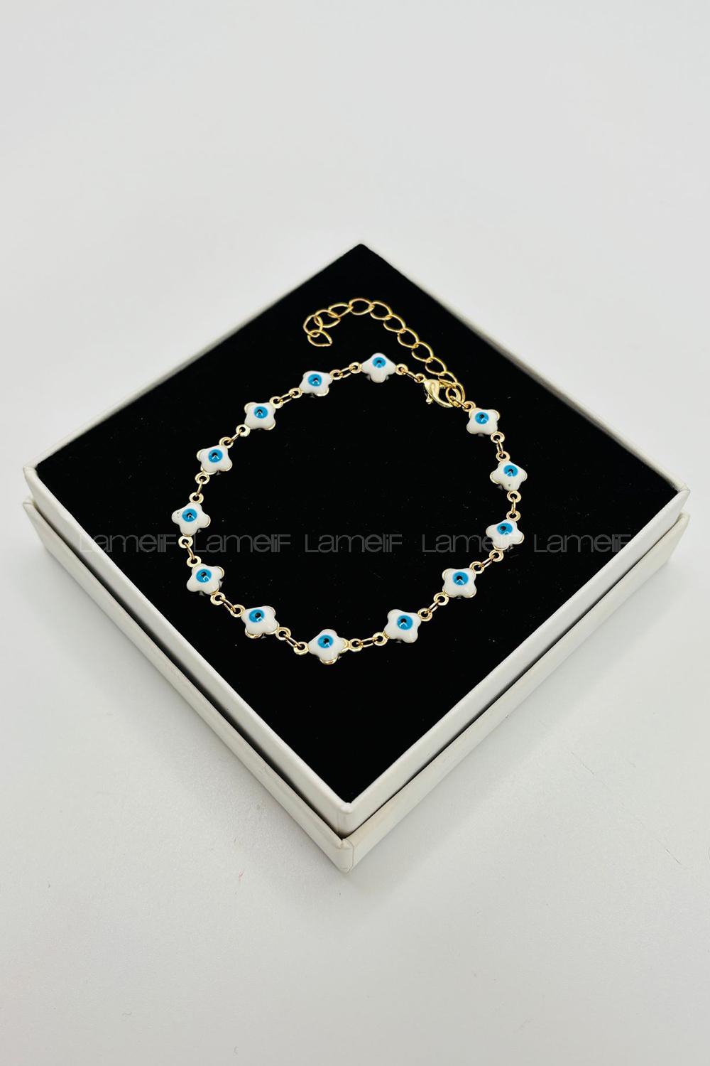 Lamelif Gold Beyaz Yonca Nazar Zarif Bileklik