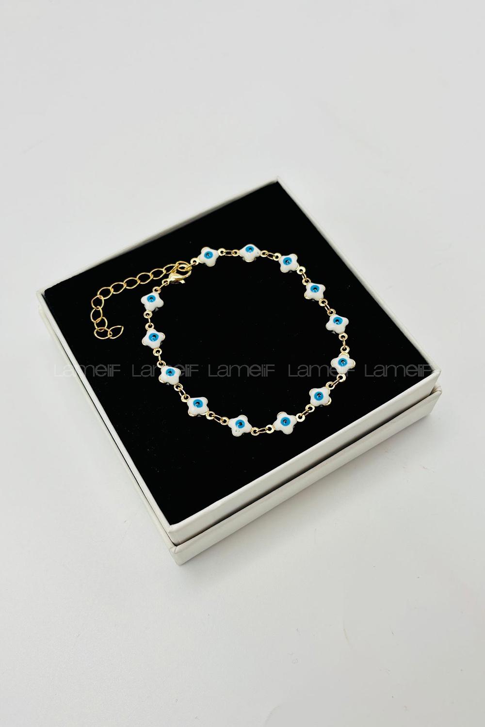 Lamelif Gold Beyaz Yonca Nazar Zarif Bileklik