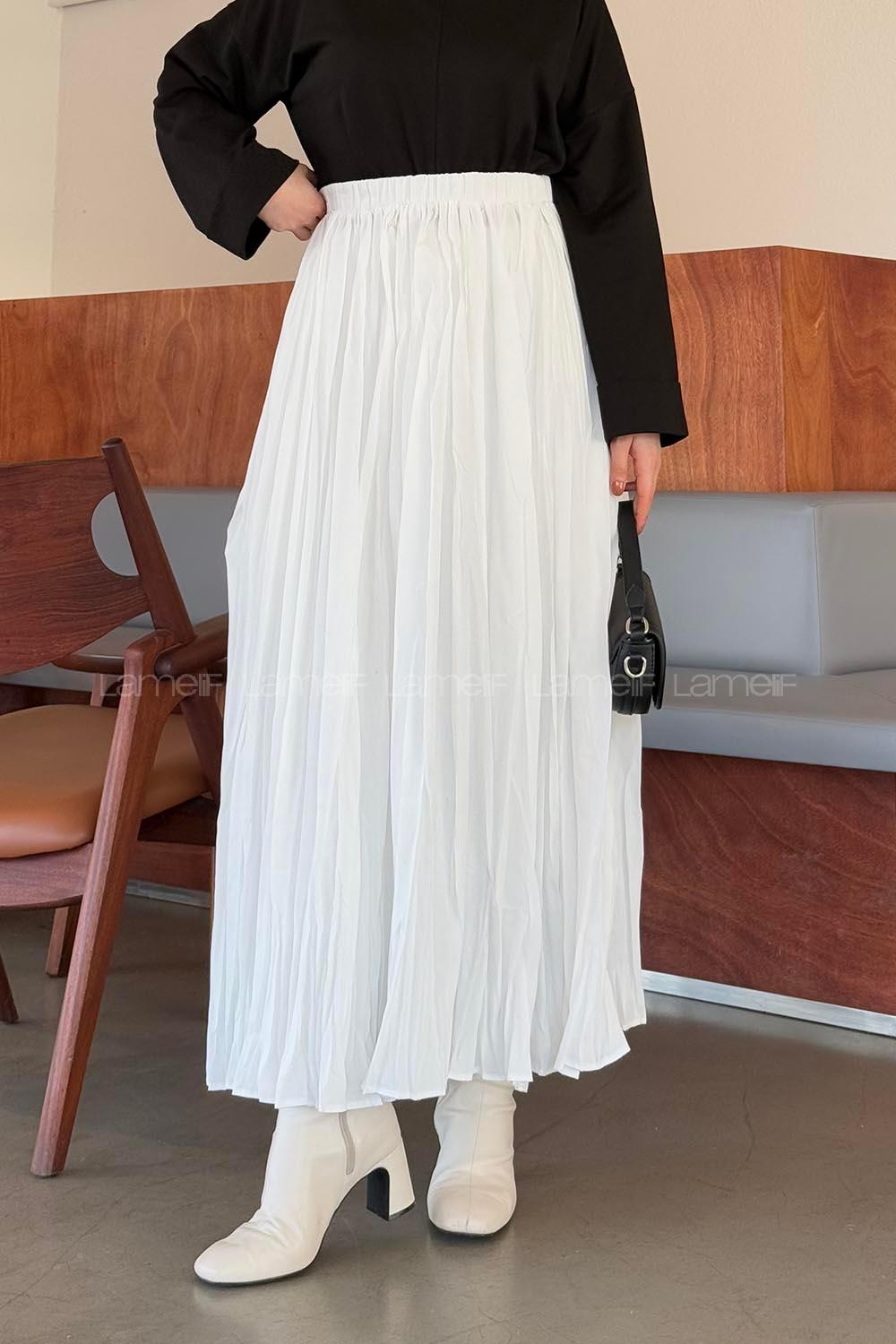 Lamelif Kraşlı Tesettür Etek Beyaz