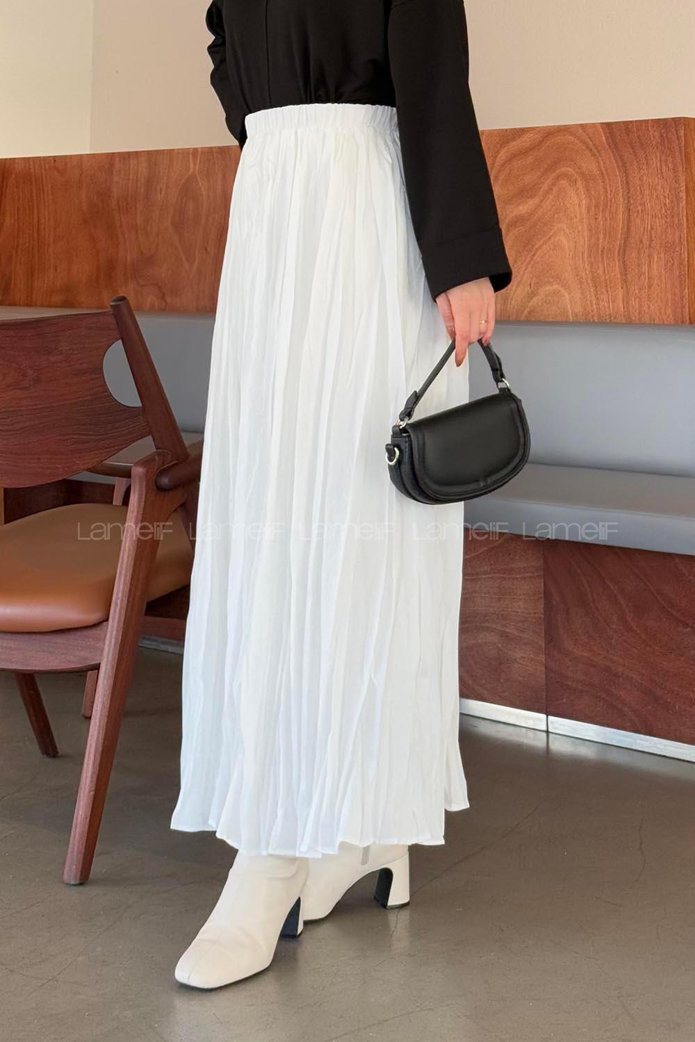 Lamelif Kraşlı Tesettür Etek Beyaz