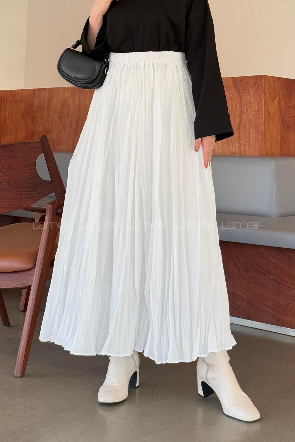 Lamelif Kraşlı Tesettür Etek Beyaz