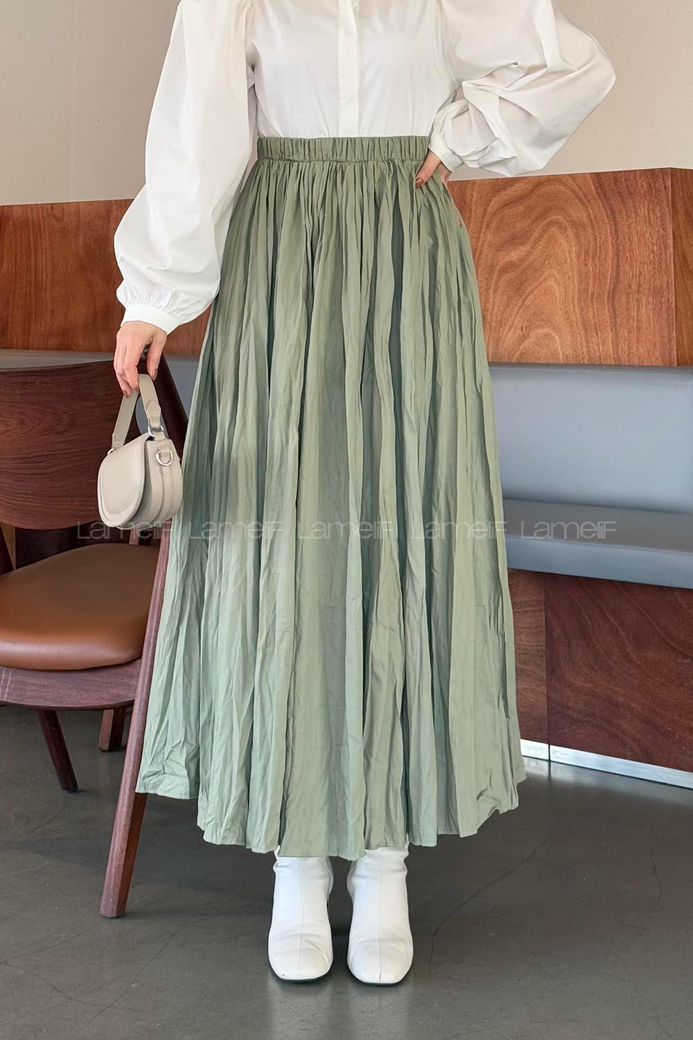 Lamelif Kraşlı Tesettür Etek Çağla Yeşili