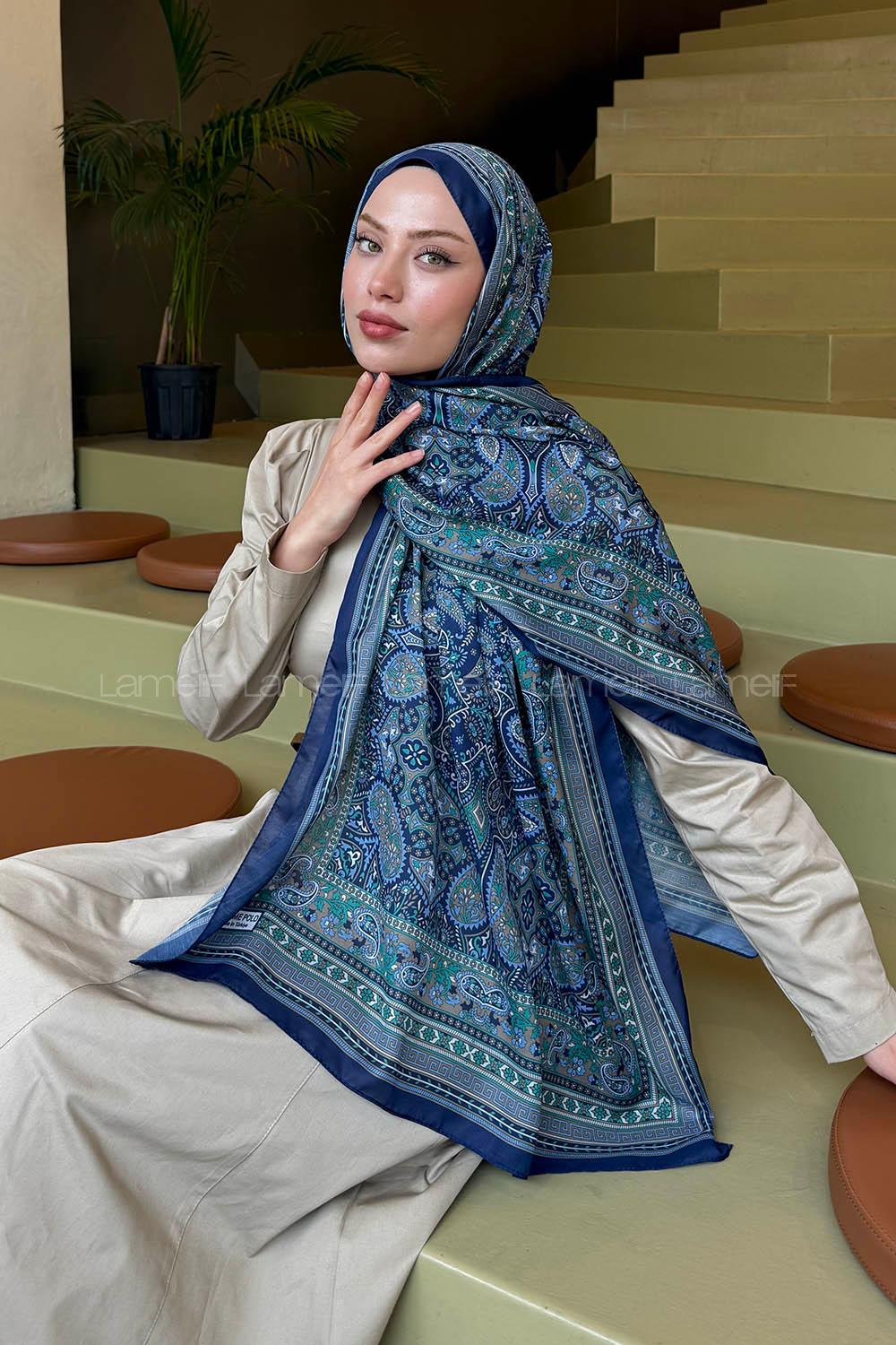 Lamelif Retro Desen Soft Şal Lacivert Yeşil