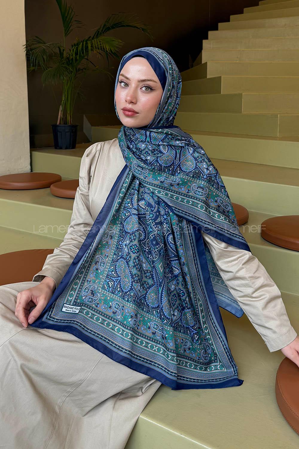 Lamelif Retro Desen Soft Şal Lacivert Yeşil