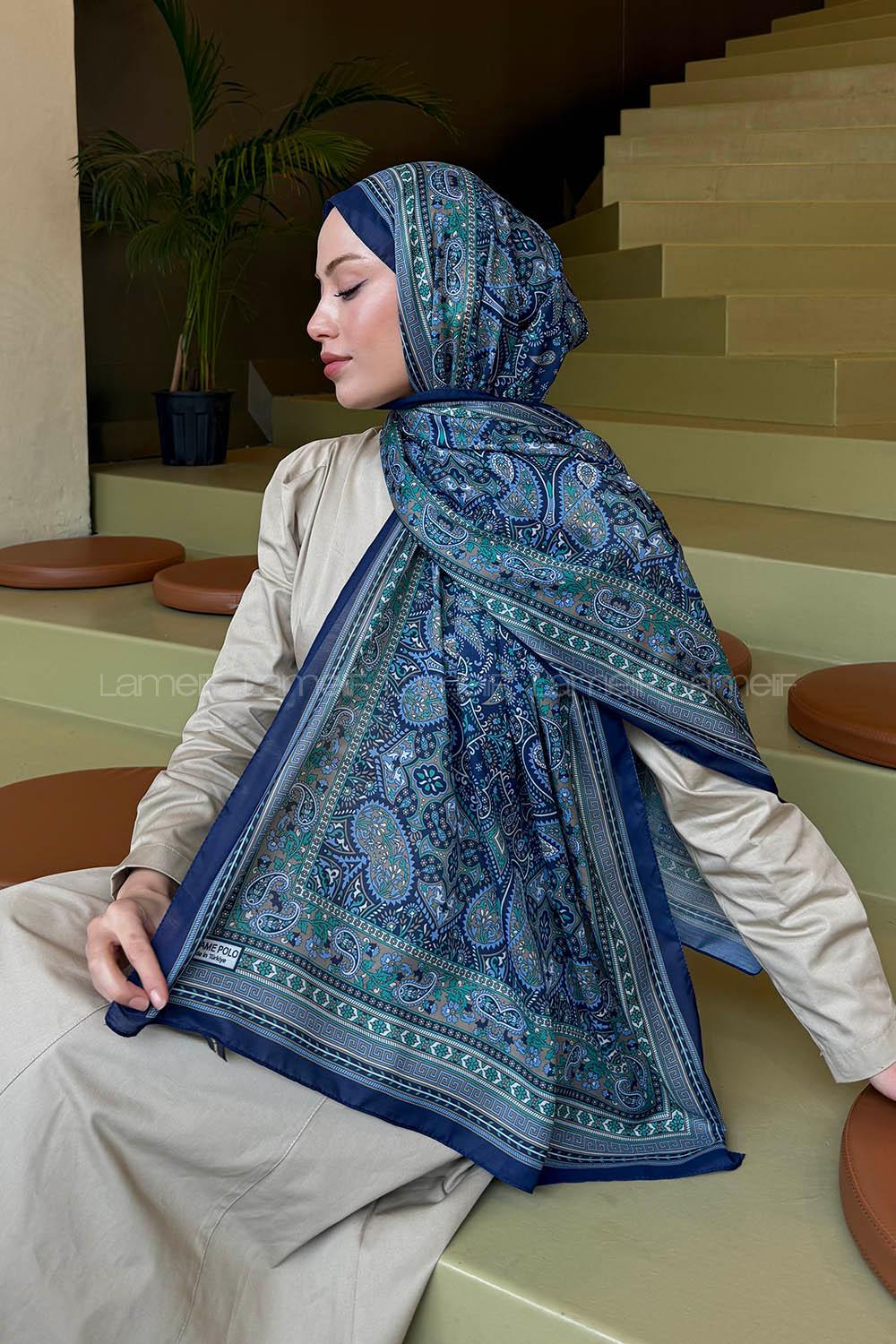 Lamelif Retro Desen Soft Şal Lacivert Yeşil