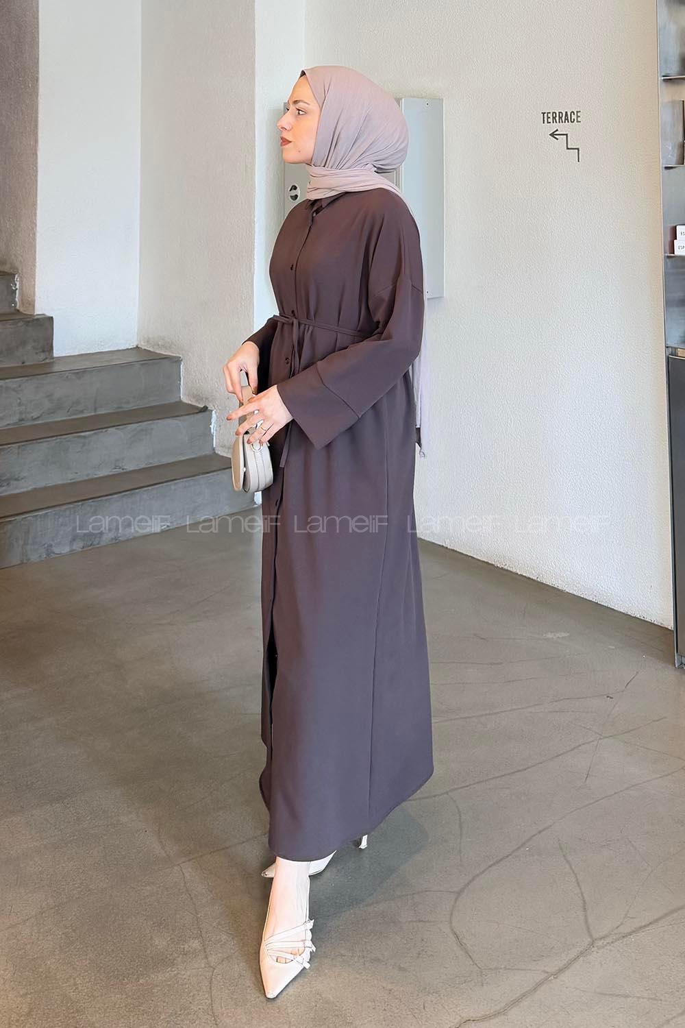 Lamelif Takma Manşet Detaylı Dabıl Tesettür Elbise Acı Kahve