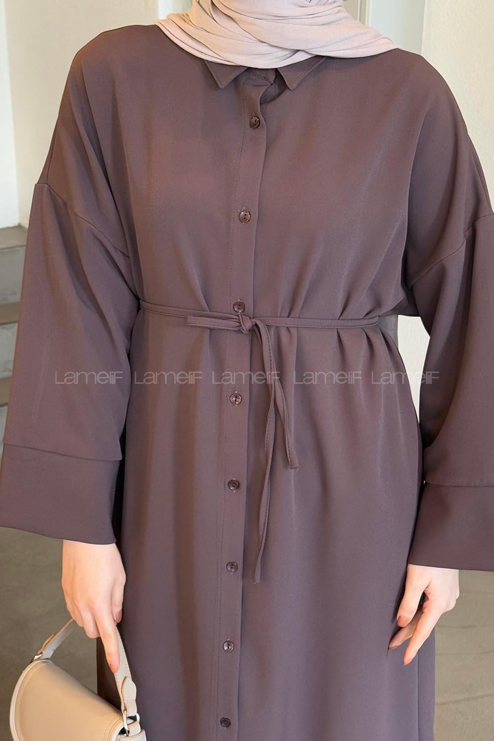 Lamelif Takma Manşet Detaylı Dabıl Tesettür Elbise Acı Kahve