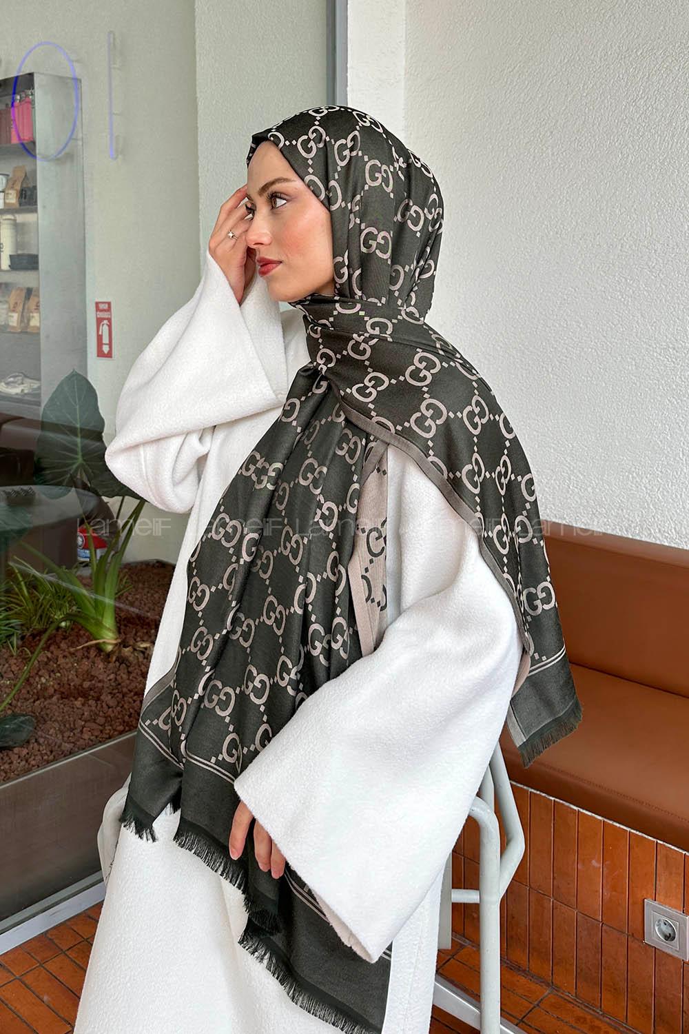 Lamelif G Desen Kaşmir Çift Taraflı Şal Koyu Yeşil Haki