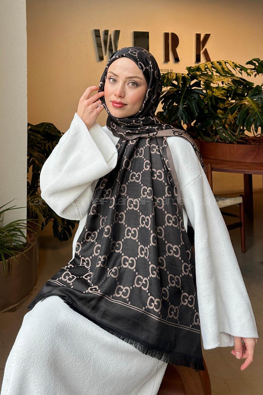 Lamelif G Desen Kaşmir Çift Taraflı Şal Siyah Vizon