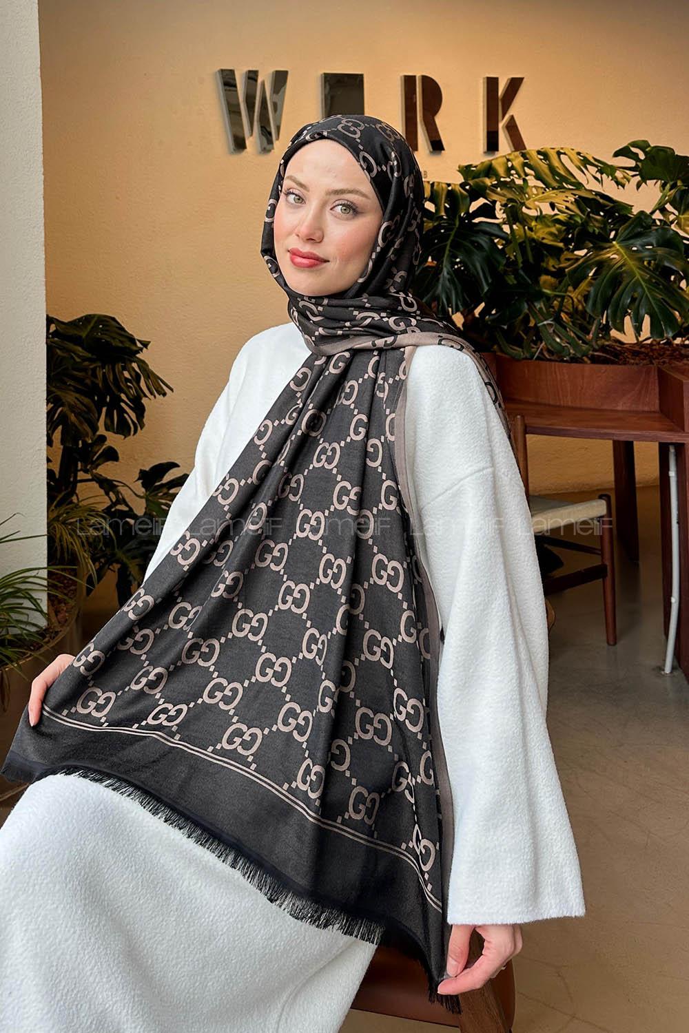 Lamelif G Desen Kaşmir Çift Taraflı Şal Siyah Vizon