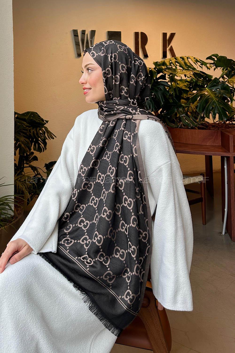 Lamelif G Desen Kaşmir Çift Taraflı Şal Siyah Vizon