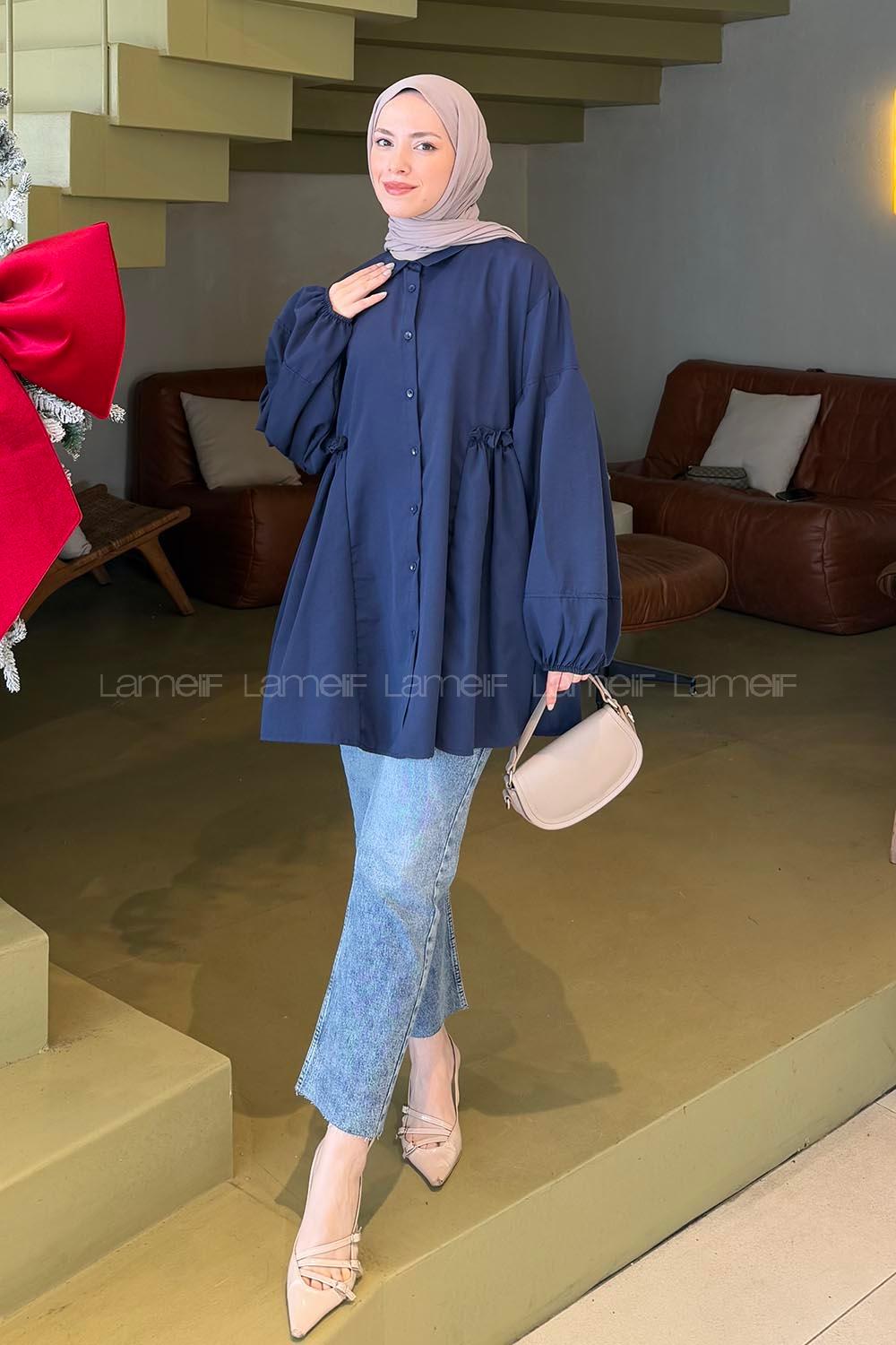 Navy Blue Shirt Collar Linen Tunic