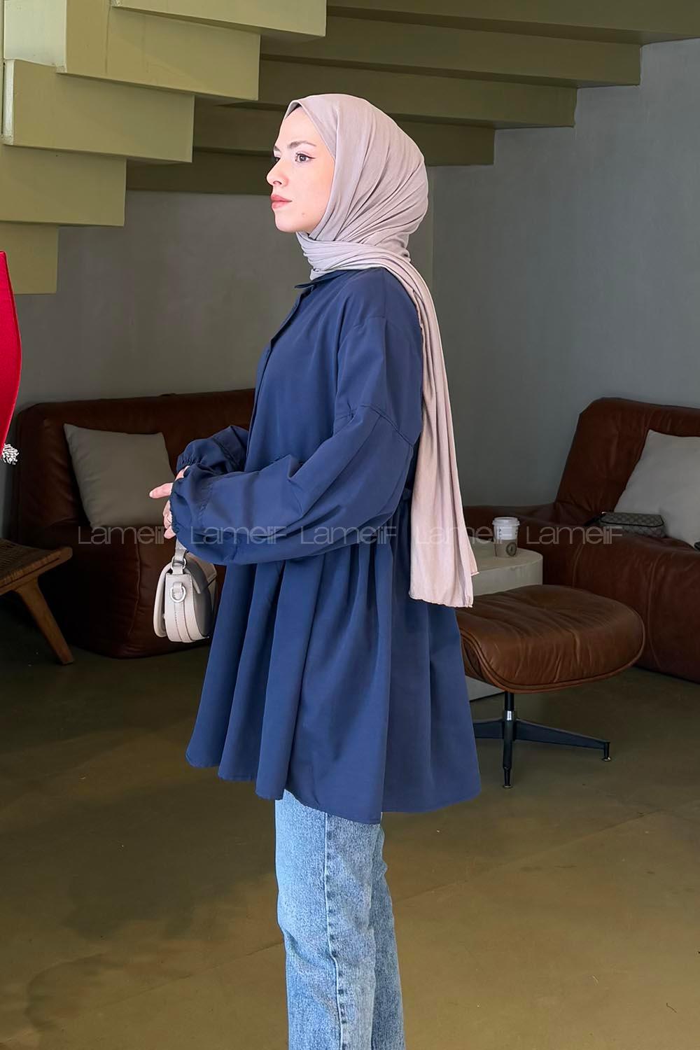 Navy Blue Shirt Collar Linen Tunic