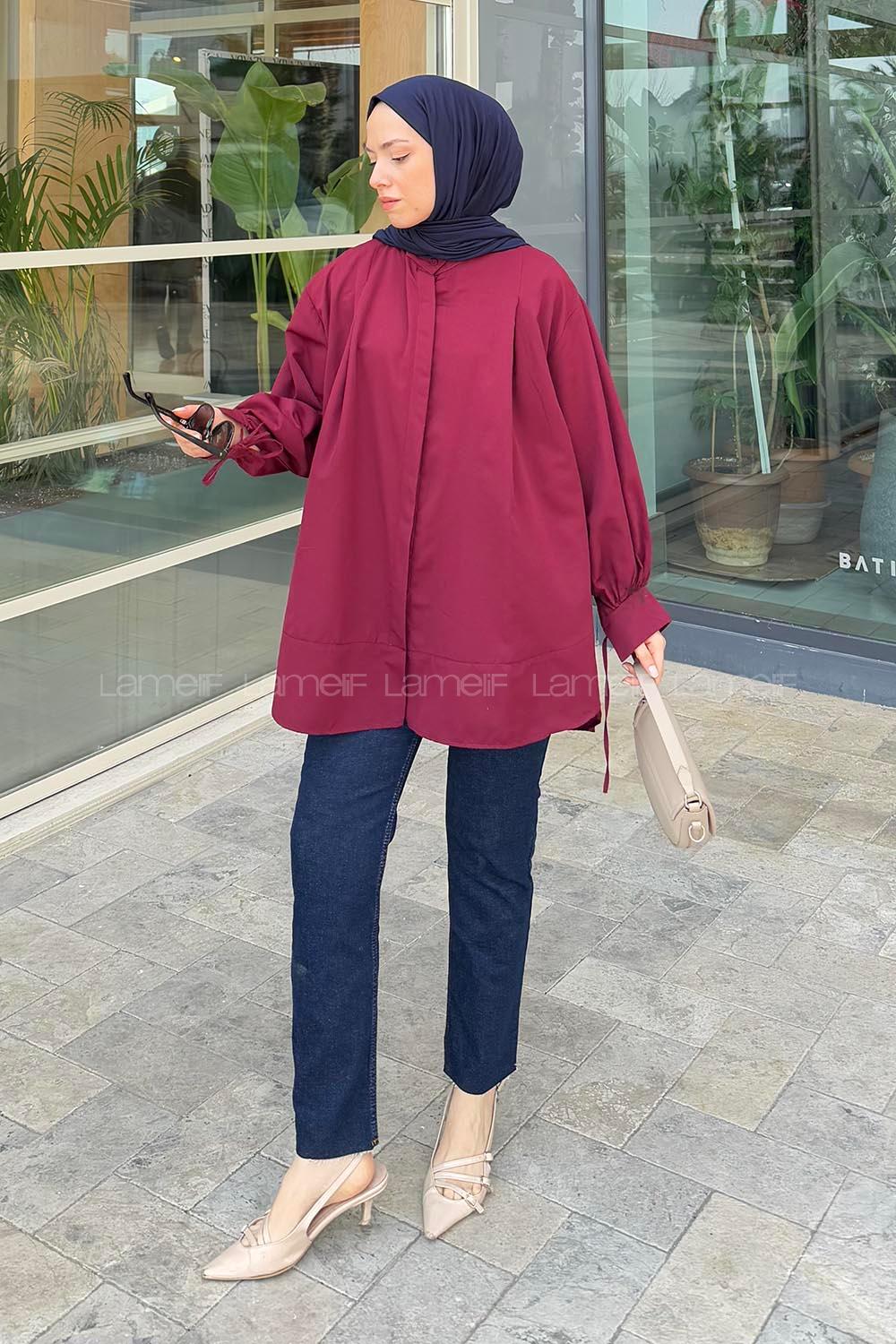 Claret Red Mandarin Collar Cotton Unprinted Tunic