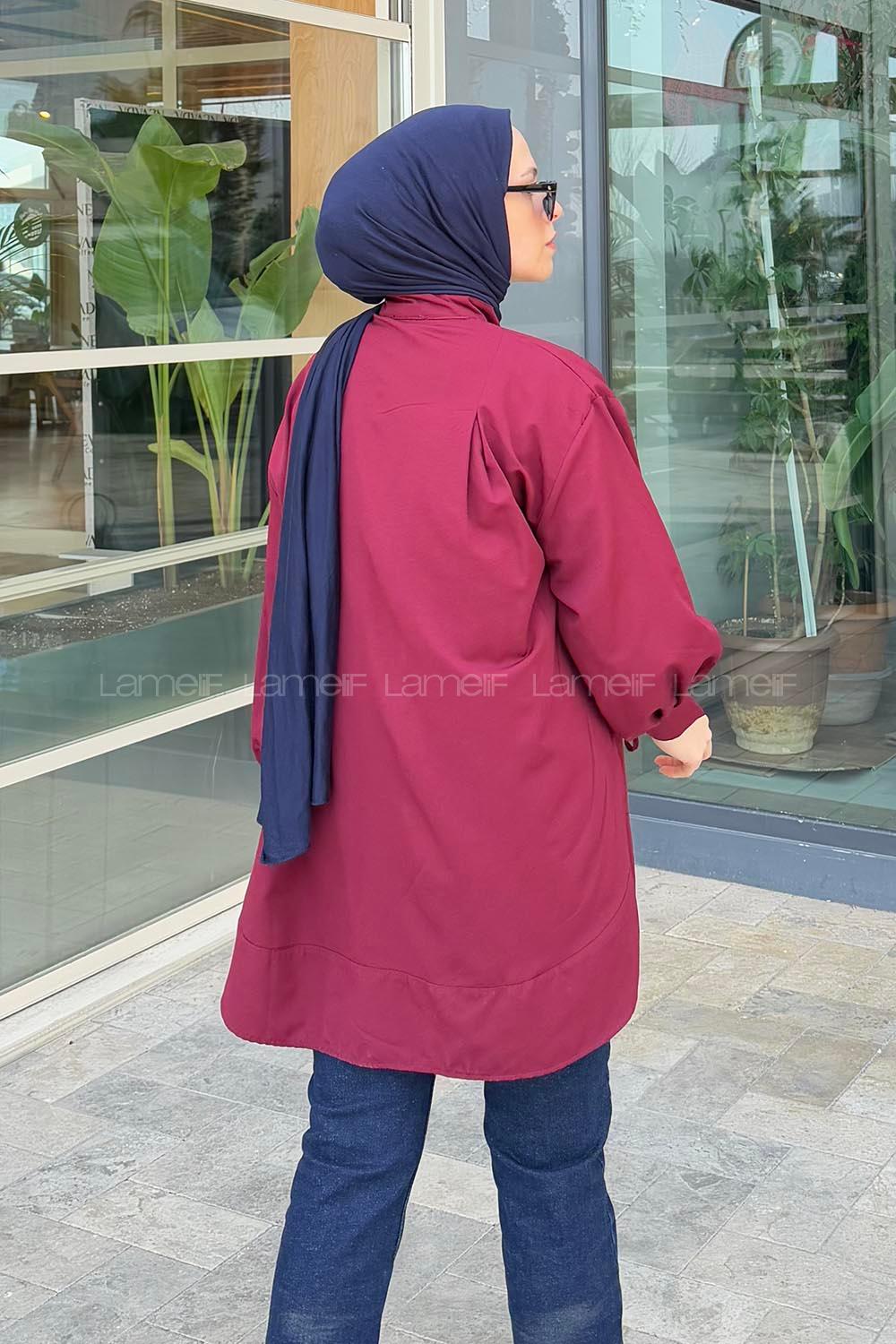 Claret Red Mandarin Collar Cotton Unprinted Tunic