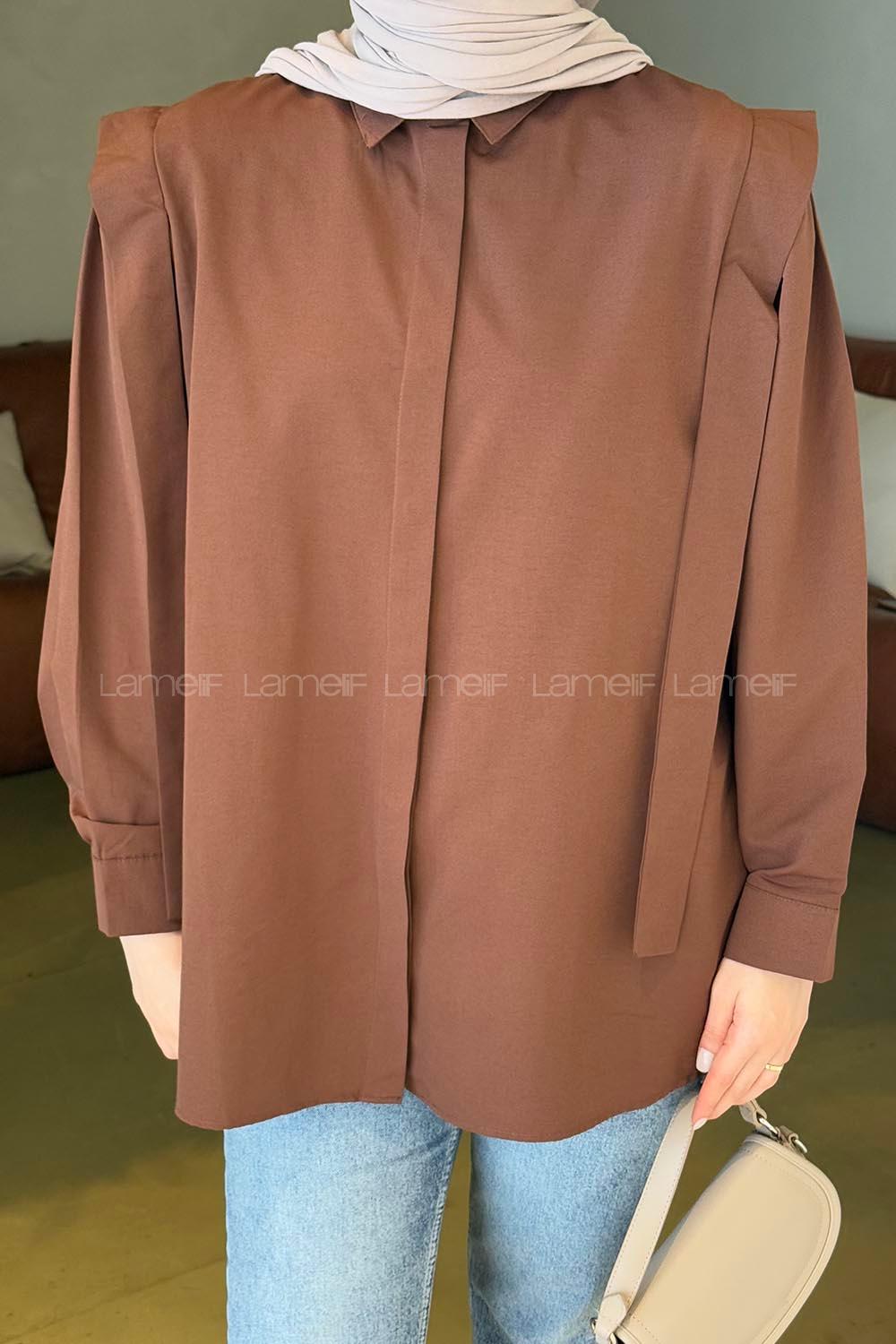 Lamelif Omuz Vatka Detaylı Tesettür Gömlek Acı Kahve
