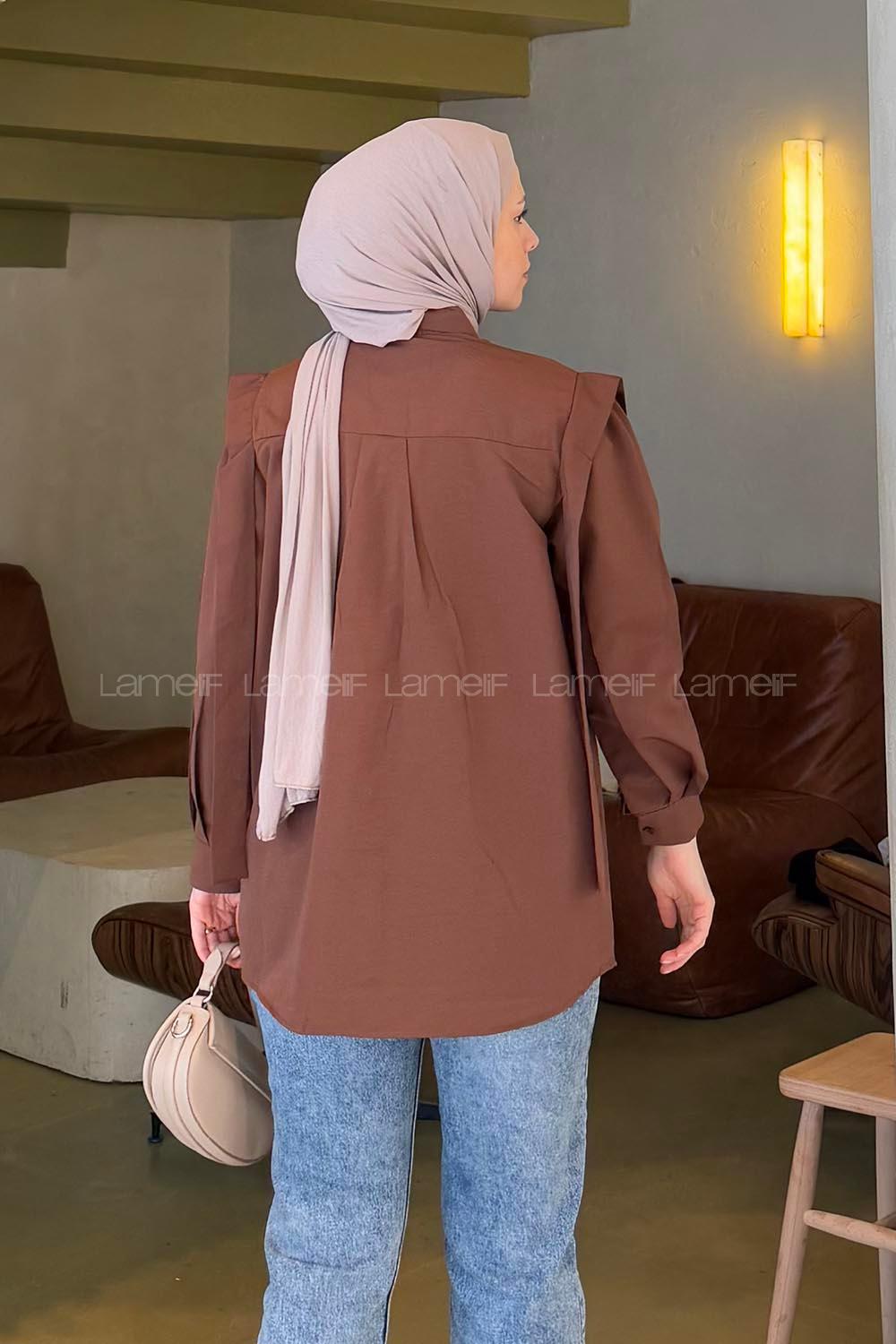 Lamelif Omuz Vatka Detaylı Tesettür Gömlek Acı Kahve