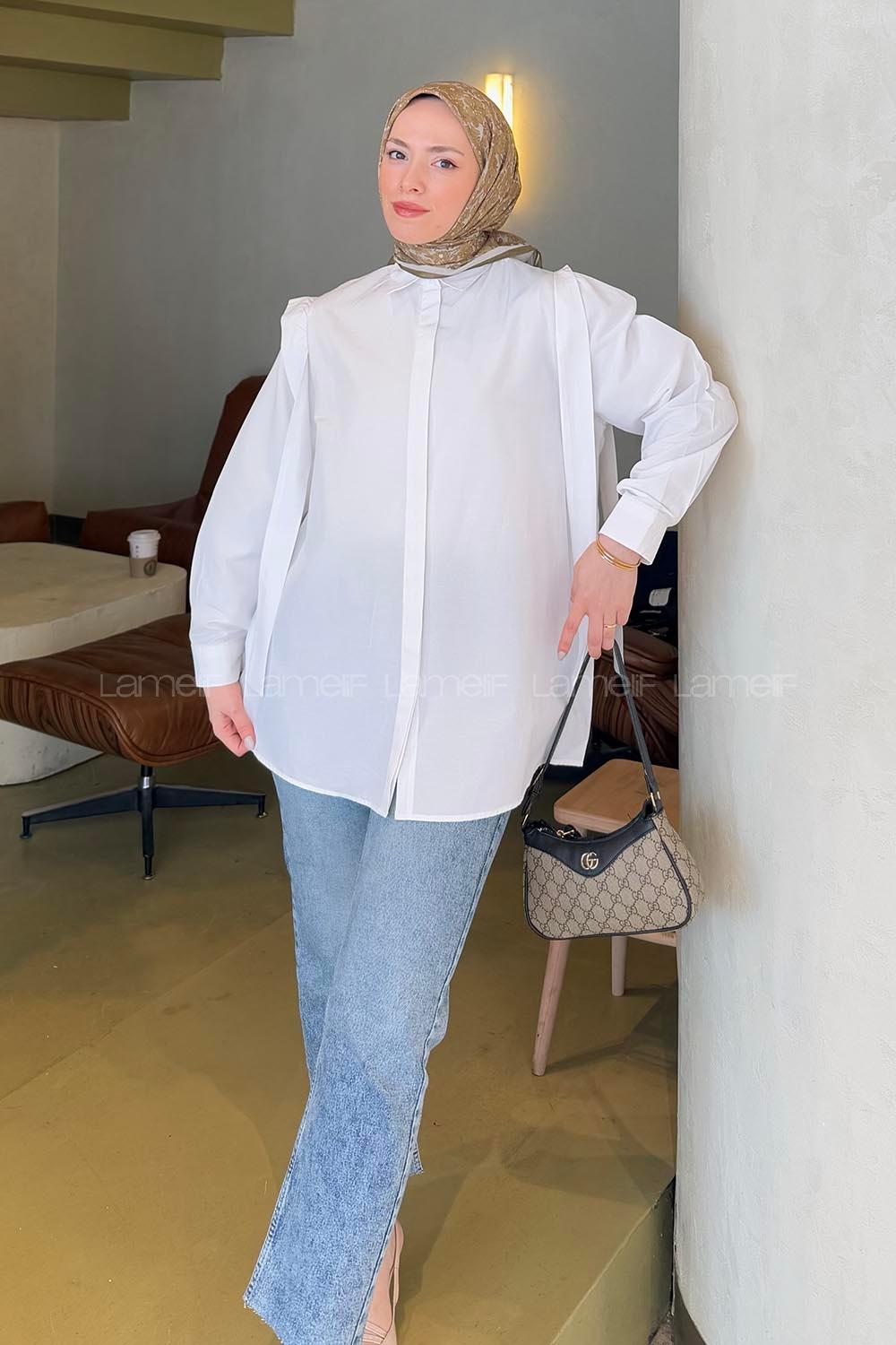 Lamelif Omuz Vatka Detaylı Tesettür Gömlek Beyaz