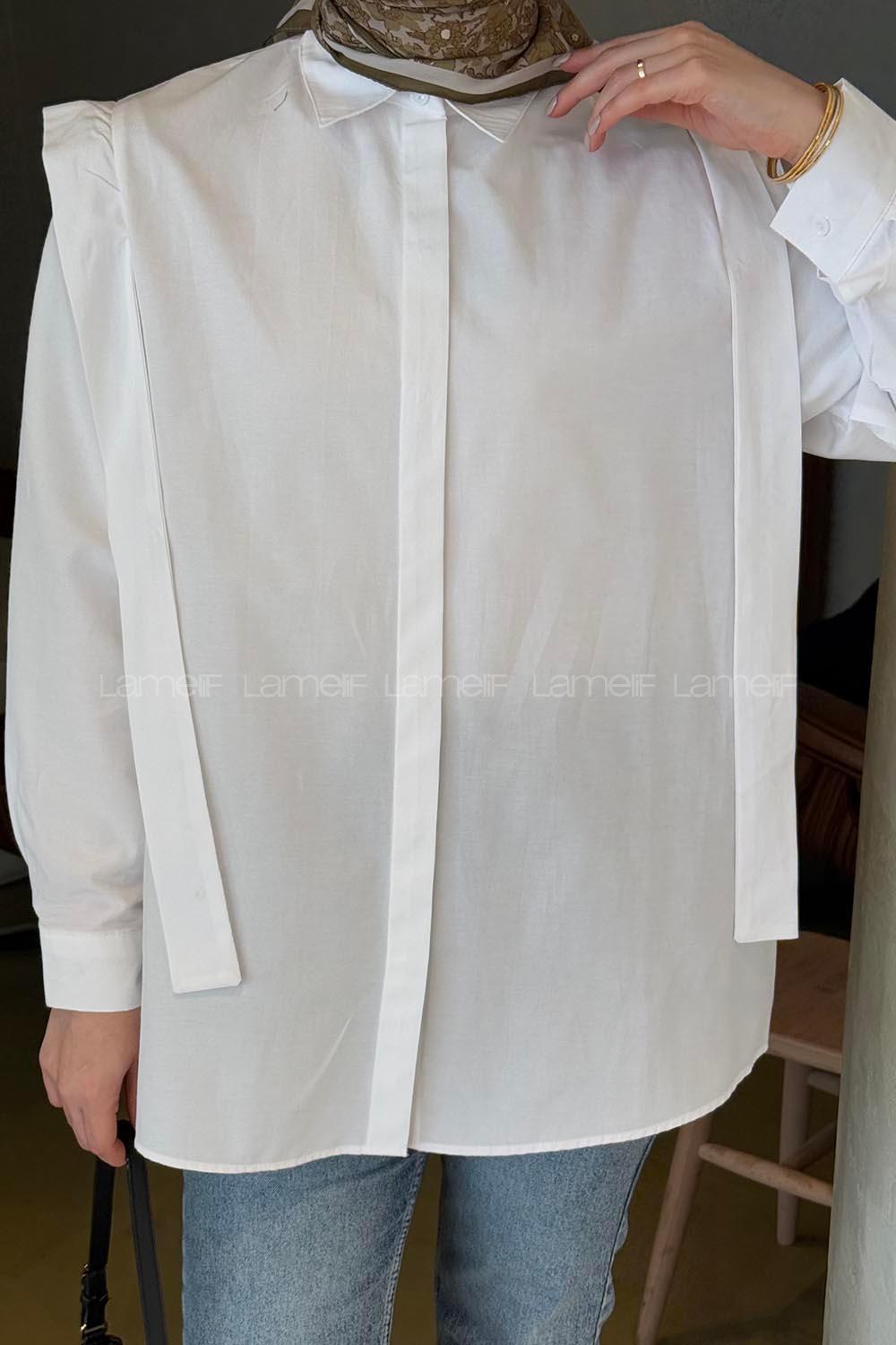 Lamelif Omuz Vatka Detaylı Tesettür Gömlek Beyaz