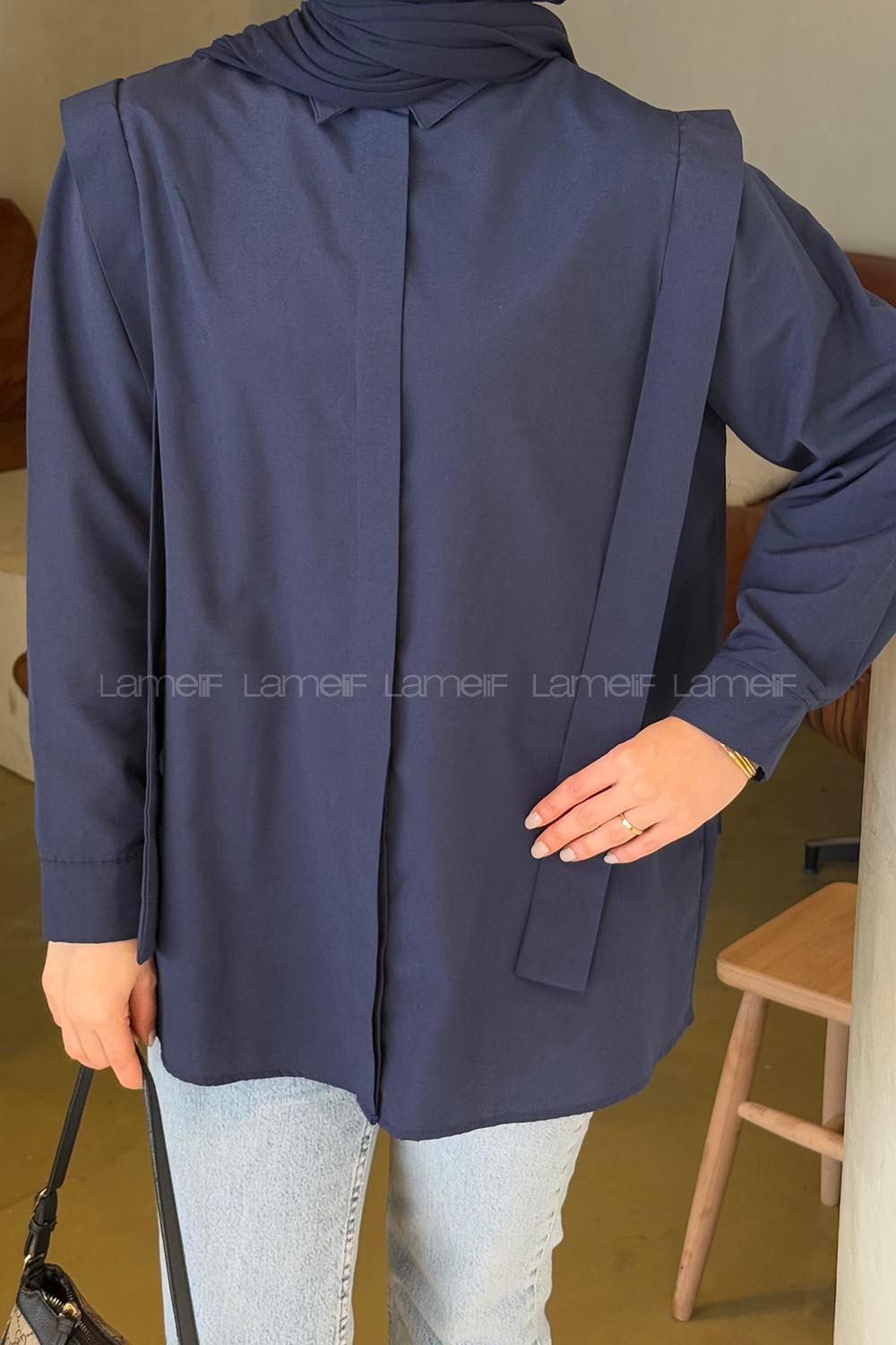 Lamelif Omuz Vatka Detaylı Tesettür Gömlek Lacivert