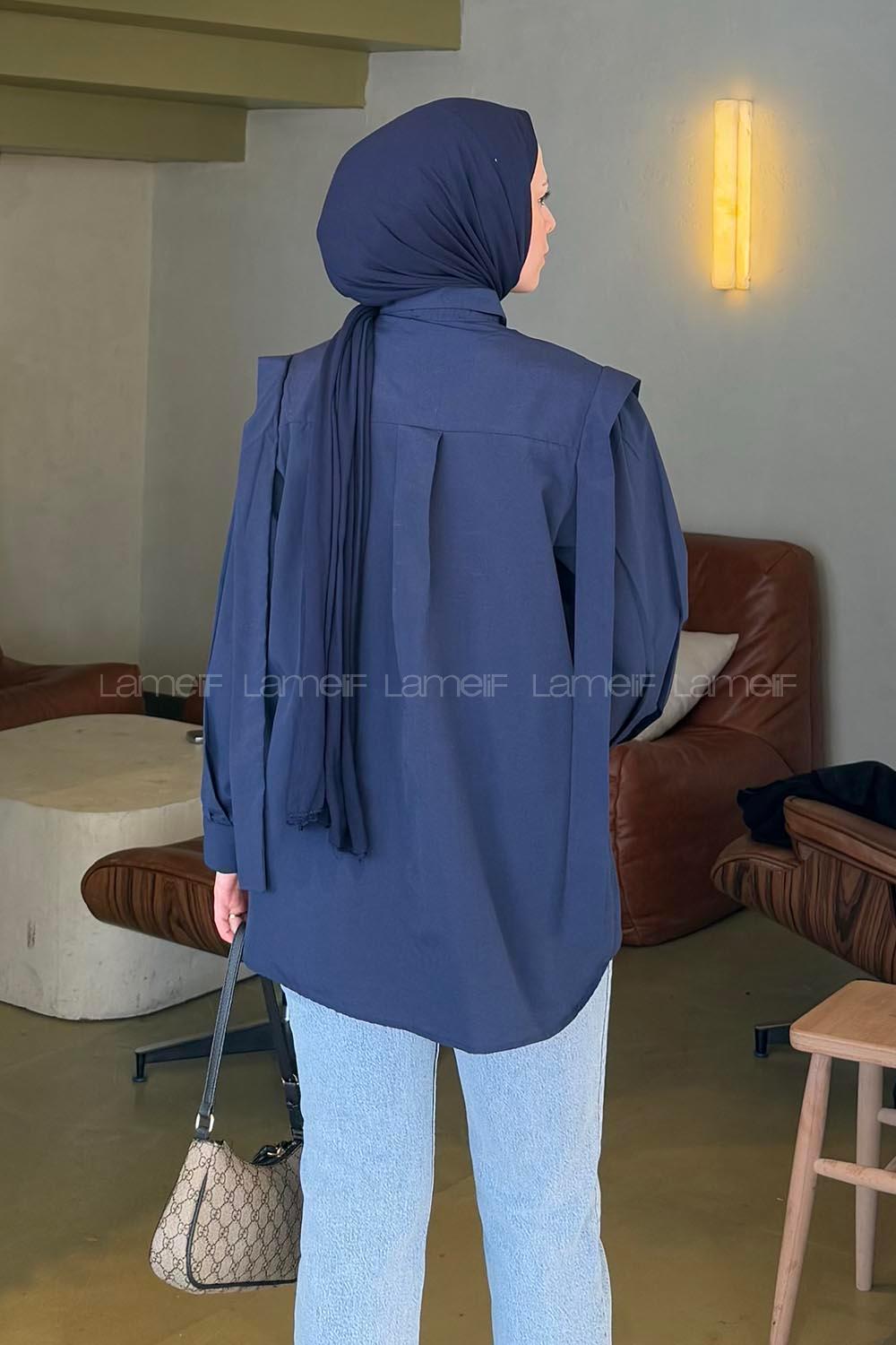 Lamelif Omuz Vatka Detaylı Tesettür Gömlek Lacivert