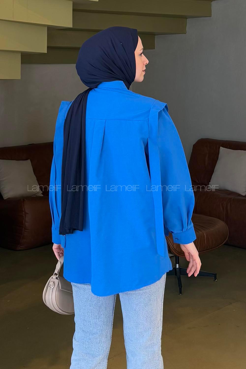 Lamelif Omuz Vatka Detaylı Tesettür Gömlek Saks Mavisi