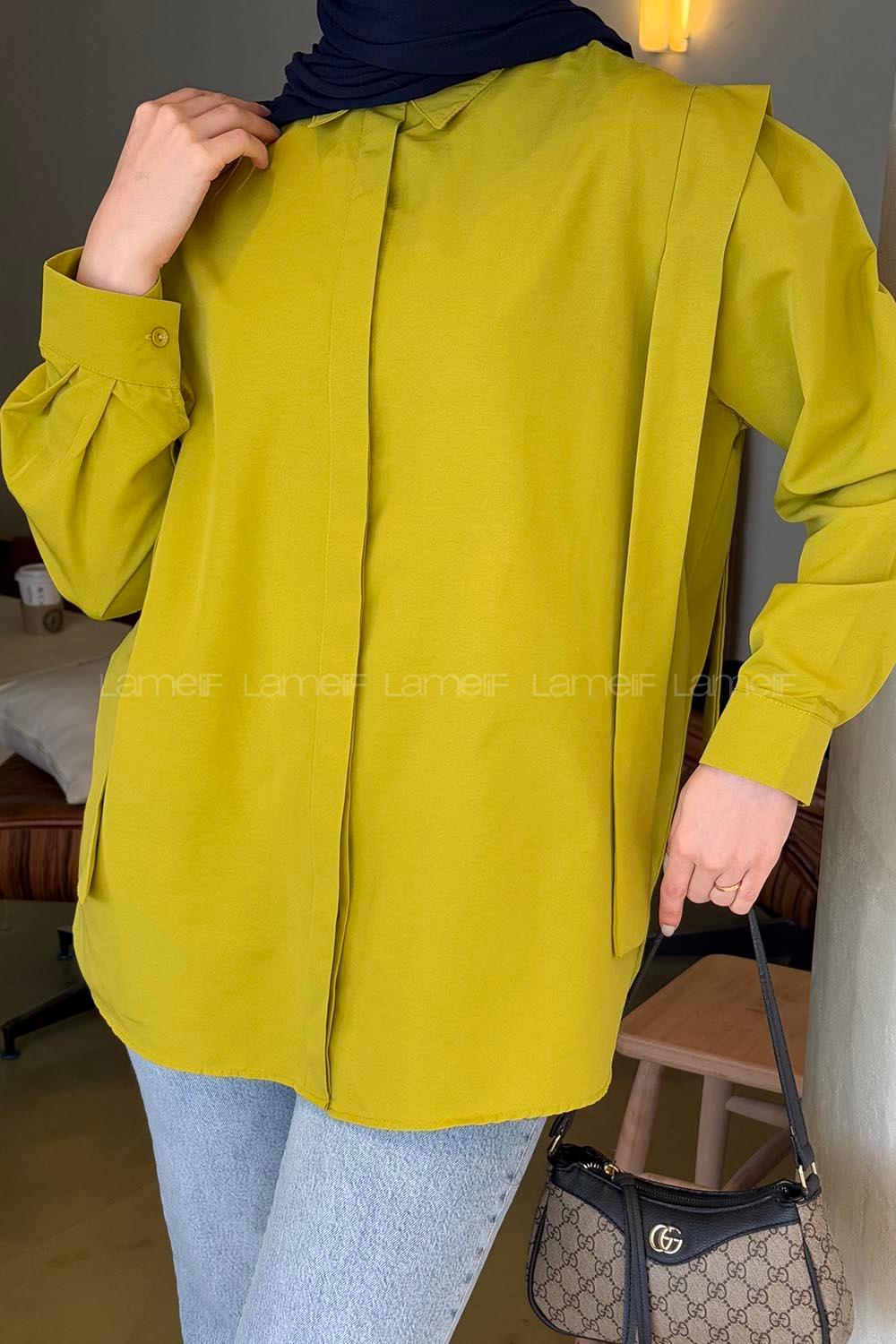 Lamelif Omuz Vatka Detaylı Tesettür Gömlek Yağ Yeşili