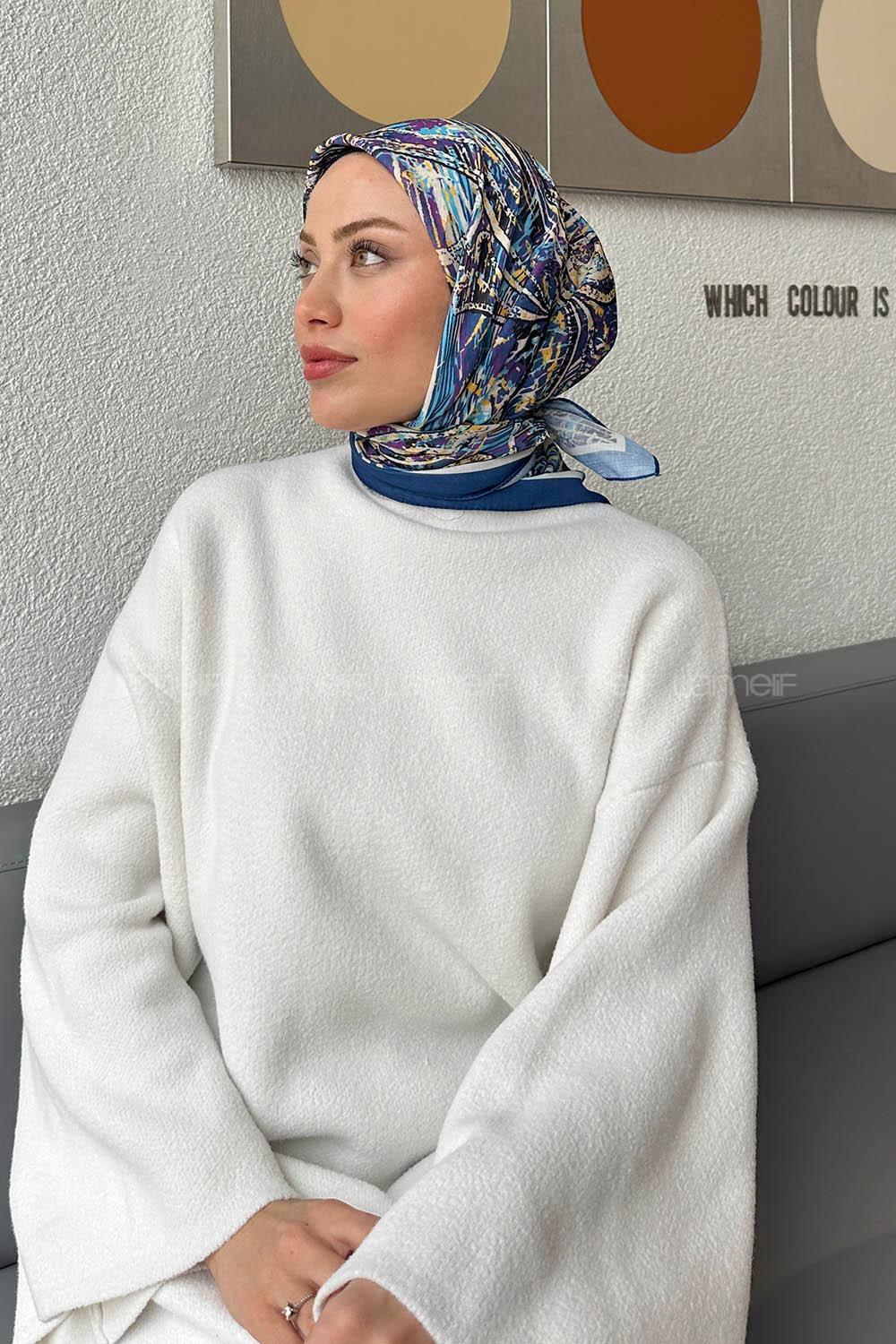 Lamelif Retro Desen kokulu Prime Soft Eşarp Gece Mavisi Sarı