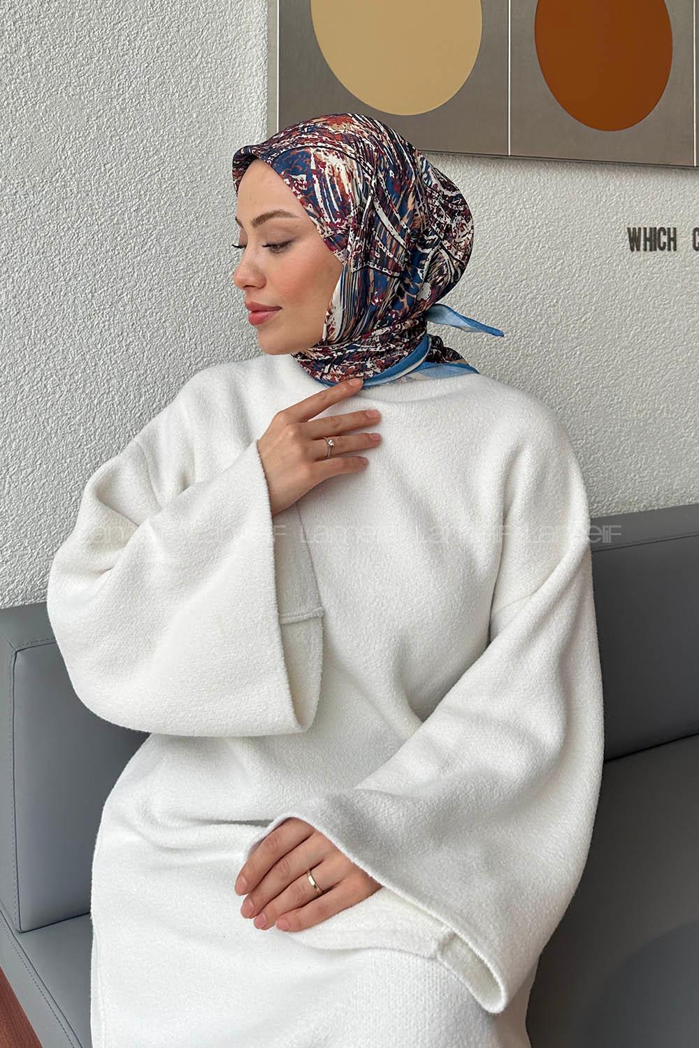 Lamelif Retro Desen kokulu Prime Soft Eşarp Kot Mavi