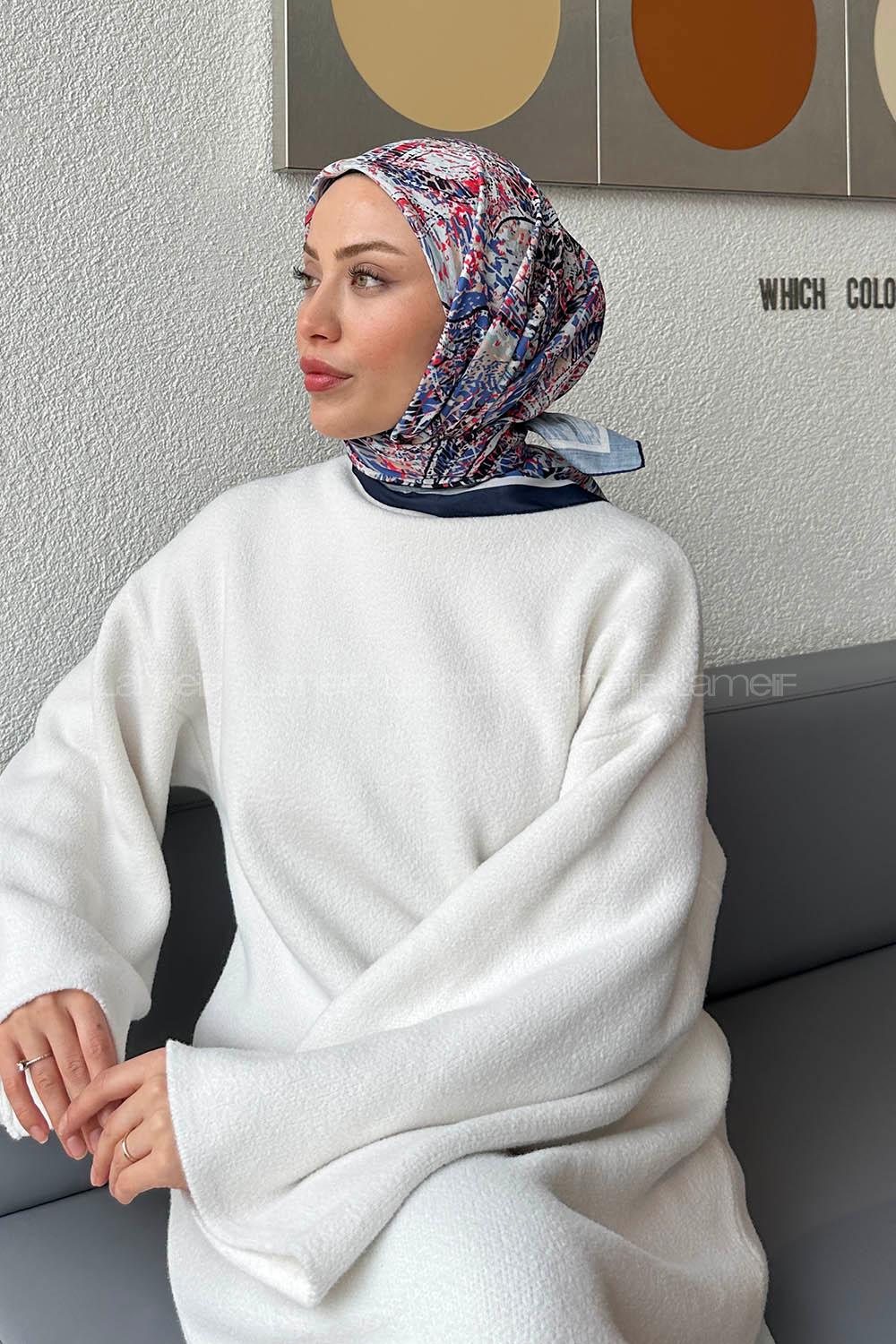 Lamelif Retro Desen kokulu Prime Soft Eşarp Lacivert beyaz