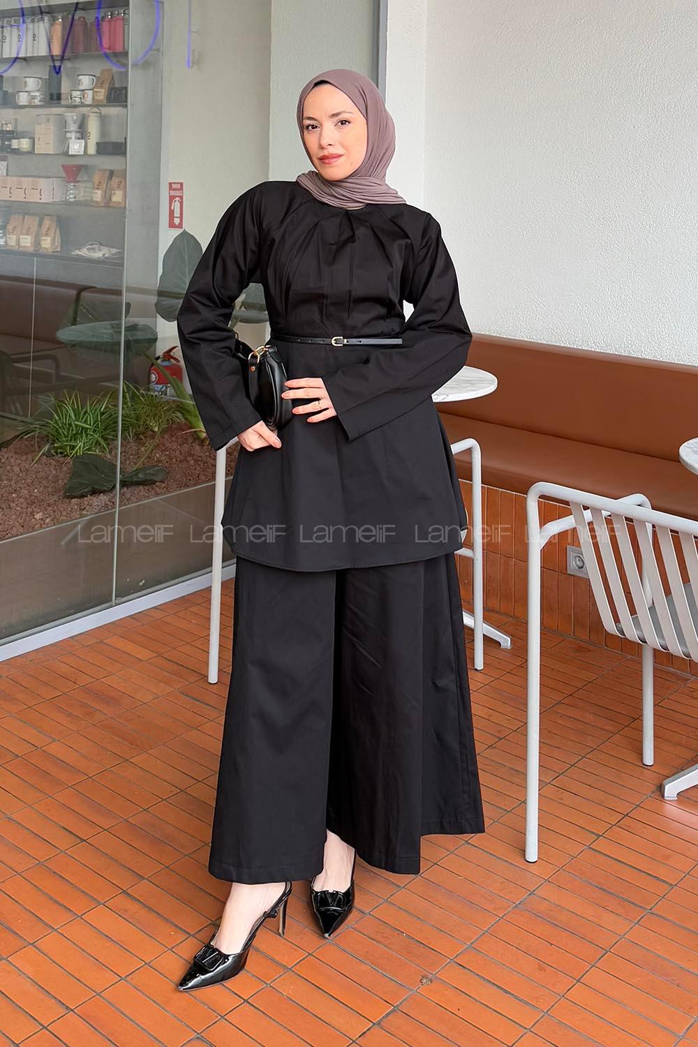 Lamelif Yaka Pensli Tunik Pantolon Takım Siyah