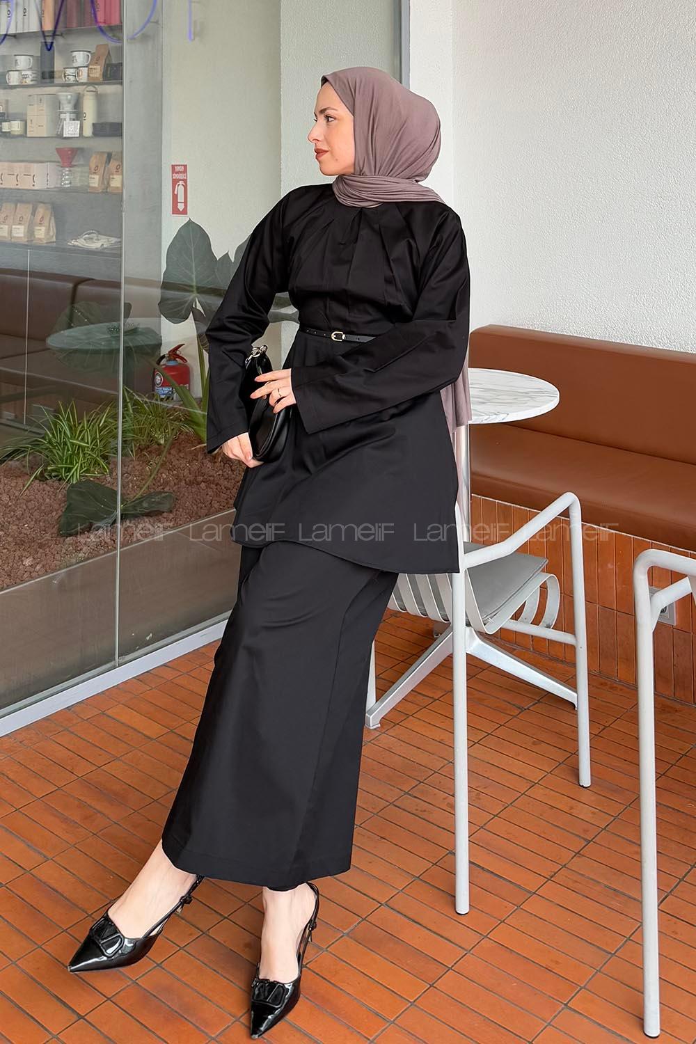 Lamelif Yaka Pensli Tunik Pantolon Takım Siyah
