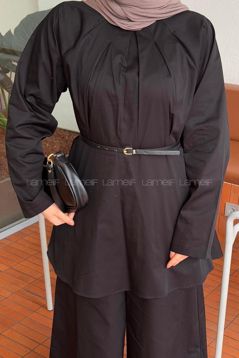 Lamelif Yaka Pensli Tunik Pantolon Takım Siyah