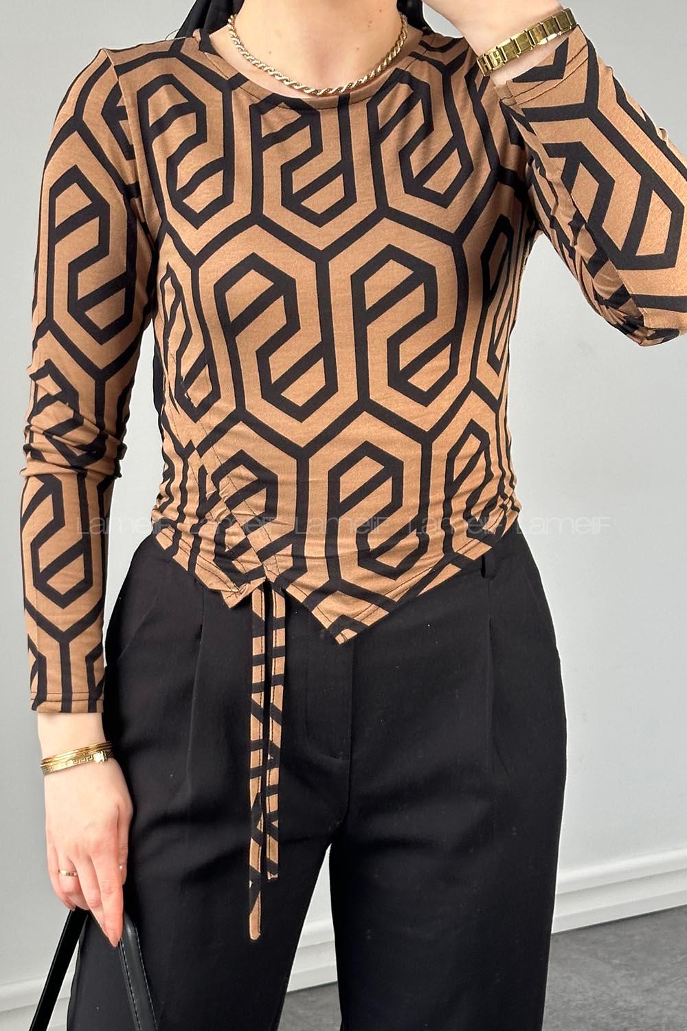 Lamelif Yan Büzgü Detaylı Ebru Desen Body Karamel