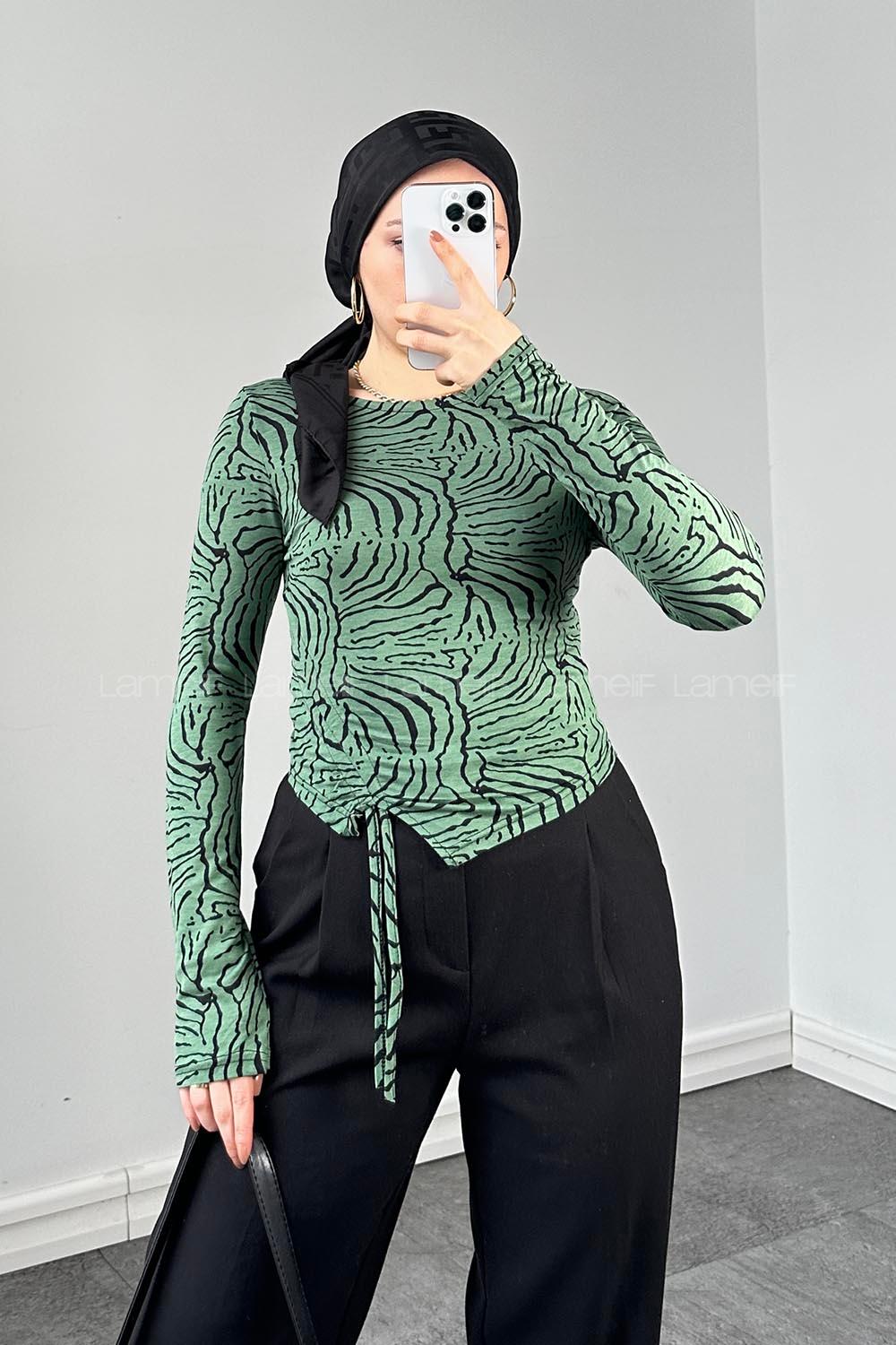 Lamelif Yan Büzgü Detaylı Zebra Desen Body Yeşil