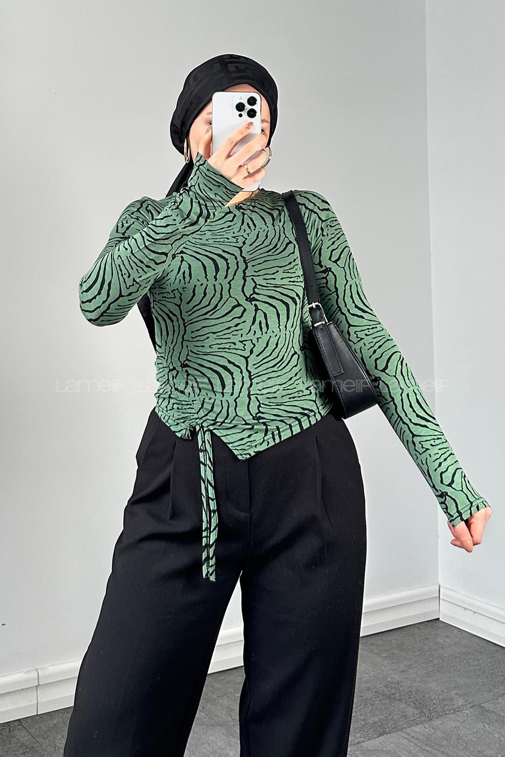 Lamelif Yan Büzgü Detaylı Zebra Desen Body Yeşil