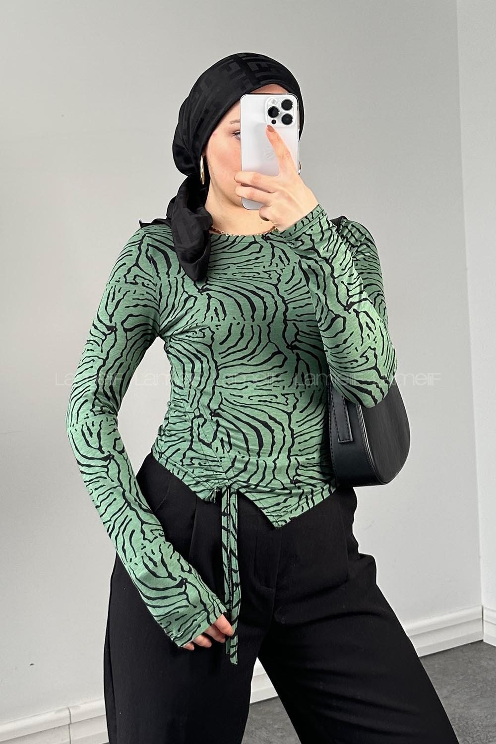 Lamelif Yan Büzgü Detaylı Zebra Desen Body Yeşil