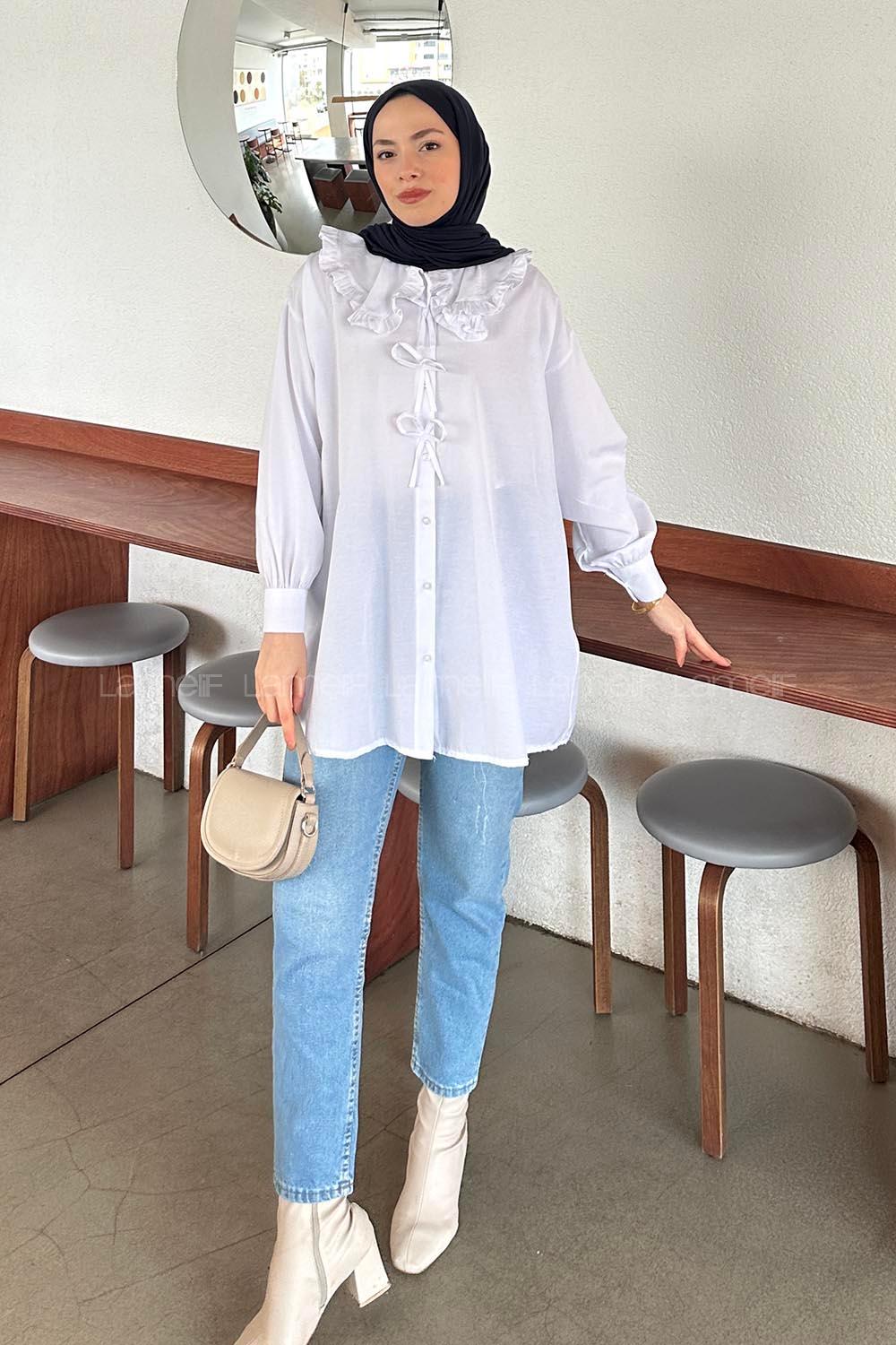Lamelif Bebe Yaka Fiyonk Detaylı Tesettür Gömlek Beyaz