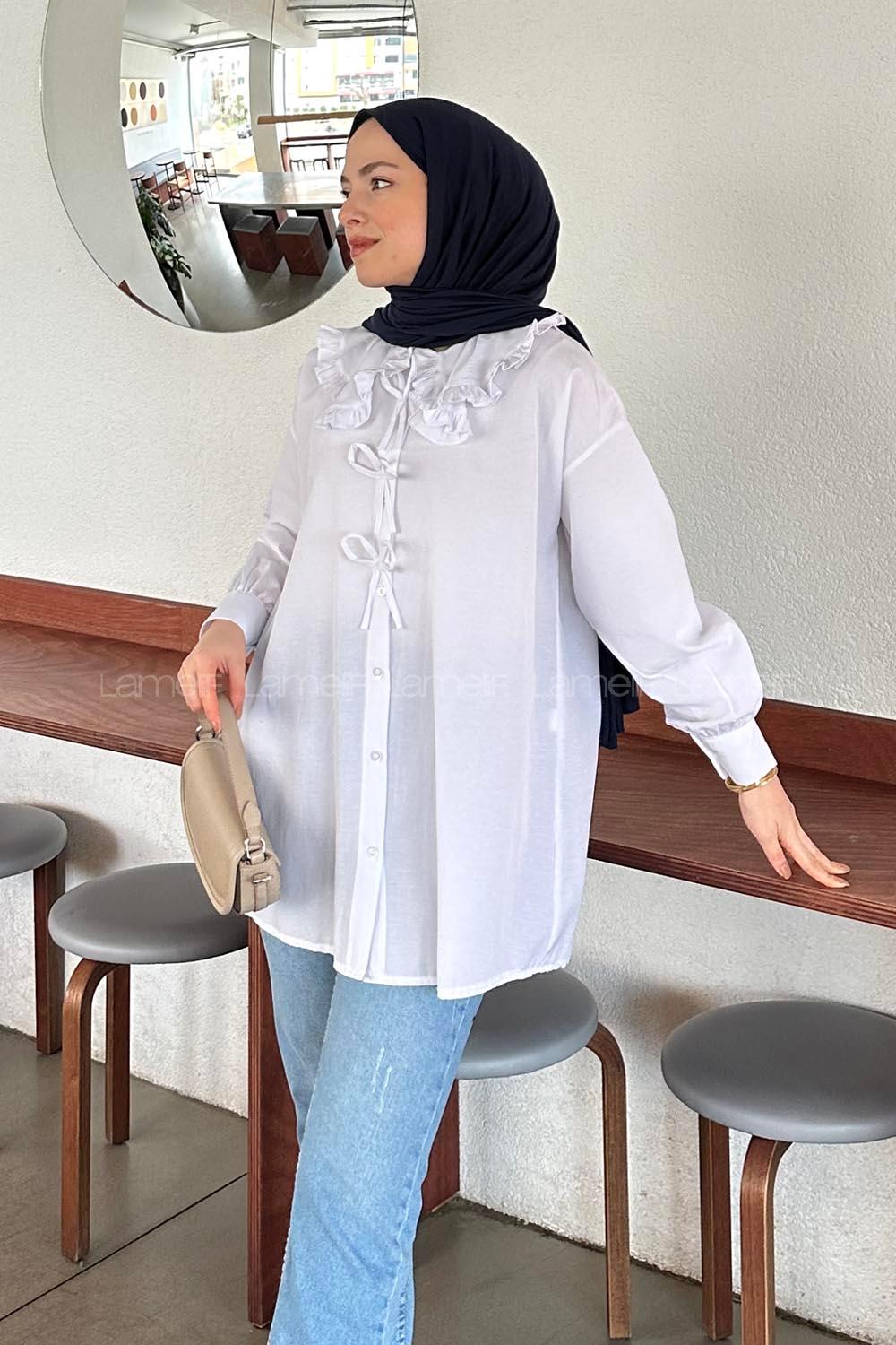 Lamelif Bebe Yaka Fiyonk Detaylı Tesettür Gömlek Beyaz