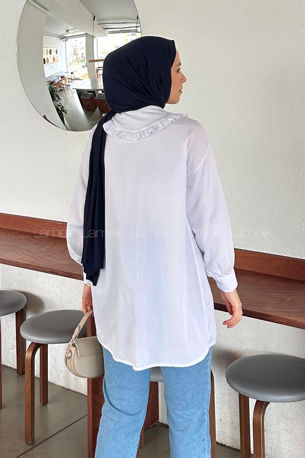 Lamelif Bebe Yaka Fiyonk Detaylı Tesettür Gömlek Beyaz