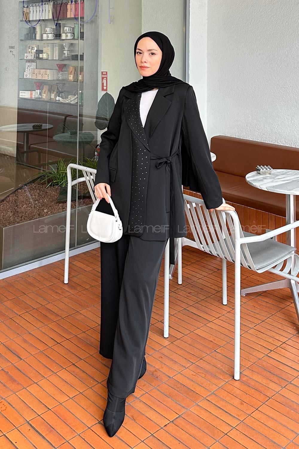 Lamelif Kruvaze Taşlı Ceket Pantolon Takım Siyah