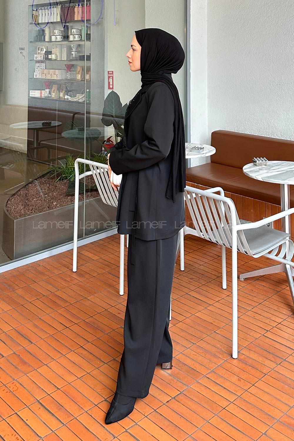 Lamelif Kruvaze Taşlı Ceket Pantolon Takım Siyah