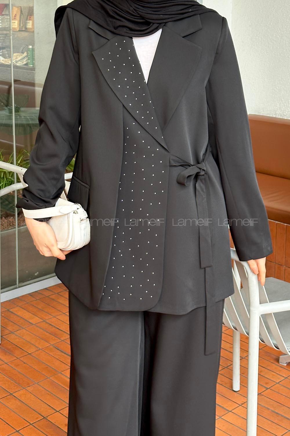 Lamelif Kruvaze Taşlı Ceket Pantolon Takım Siyah