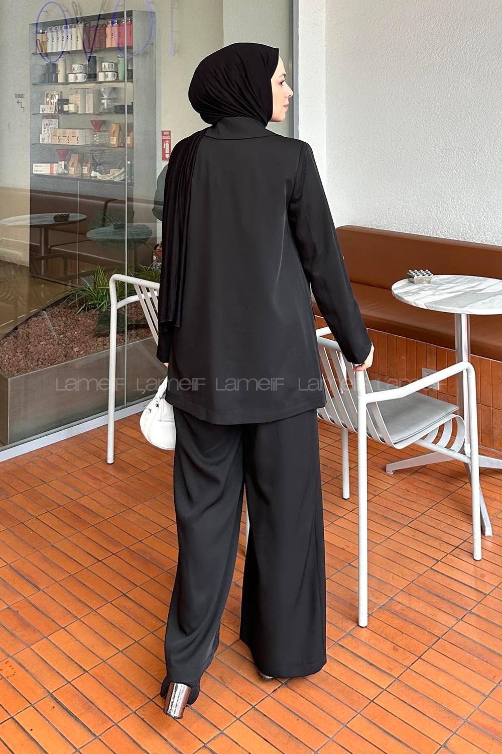 Lamelif Kruvaze Taşlı Ceket Pantolon Takım Siyah