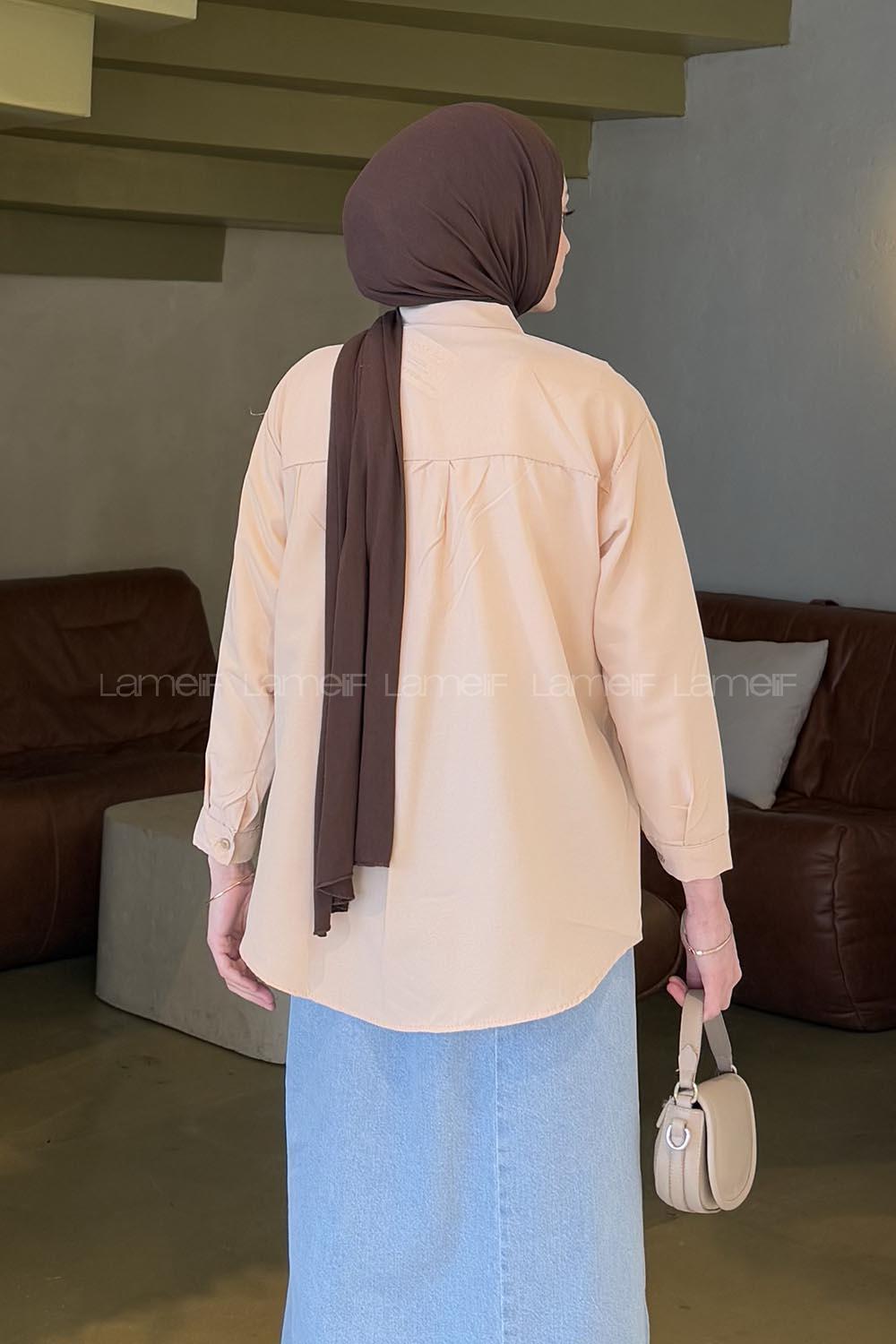 Lamelif Düz Sade Tesettür Gömlek Sütlü Kahve