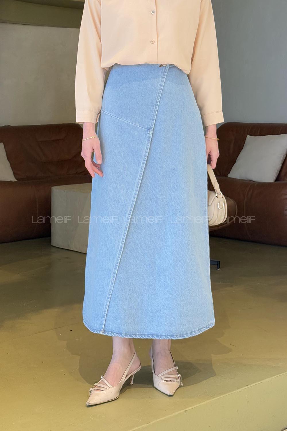 Lamelif Kruvaze Kapama Tesettür Kot Etek Buz Mavisi