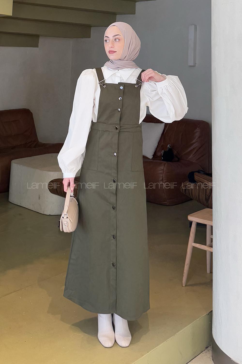 Lamelif Önü Boydan Düğmeli Salopet Asker Yeşili