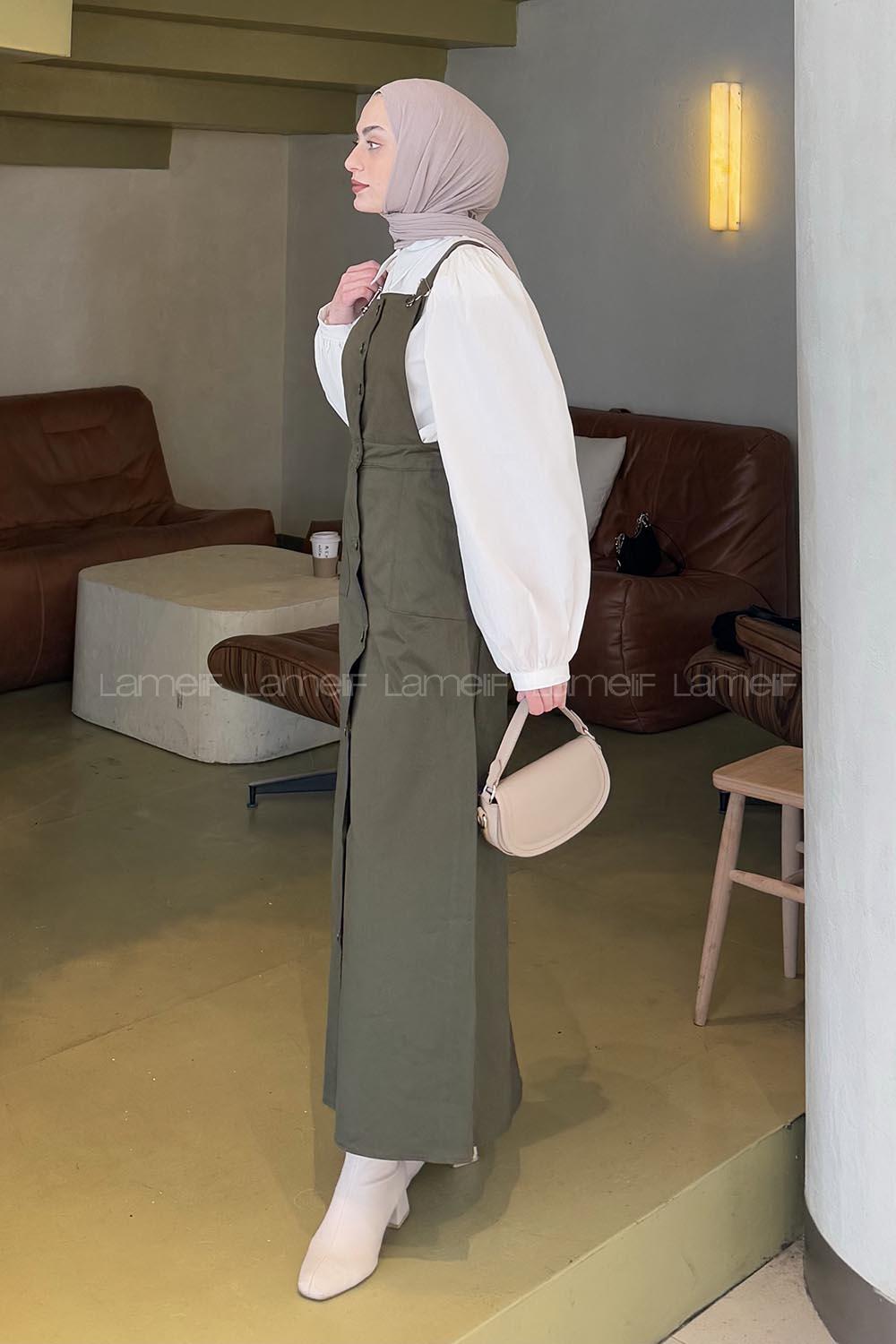 Lamelif Önü Boydan Düğmeli Salopet Asker Yeşili