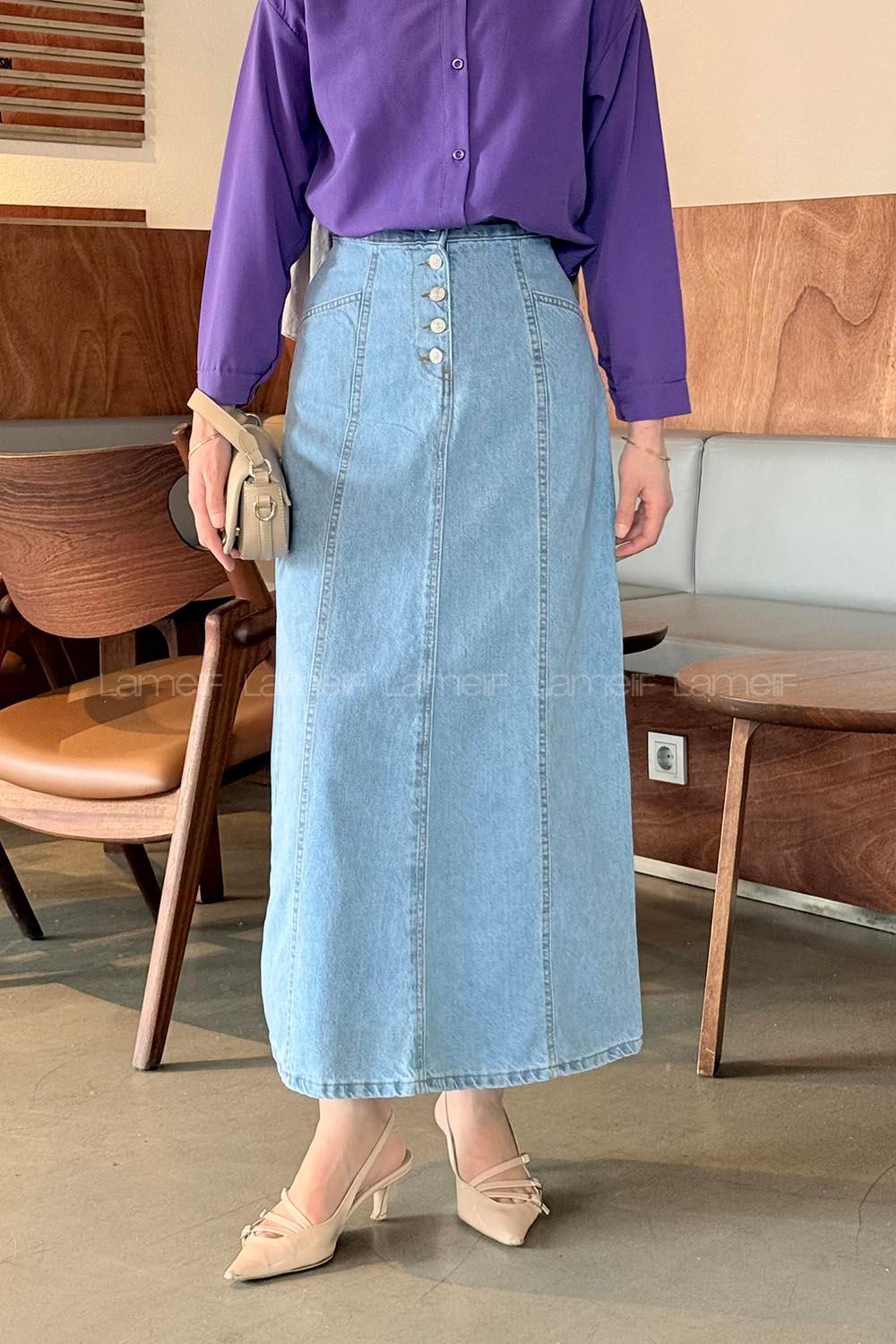 Lamelif Düğme Detaylı Kuplu Tesettür Kot Etek Buz Mavisi